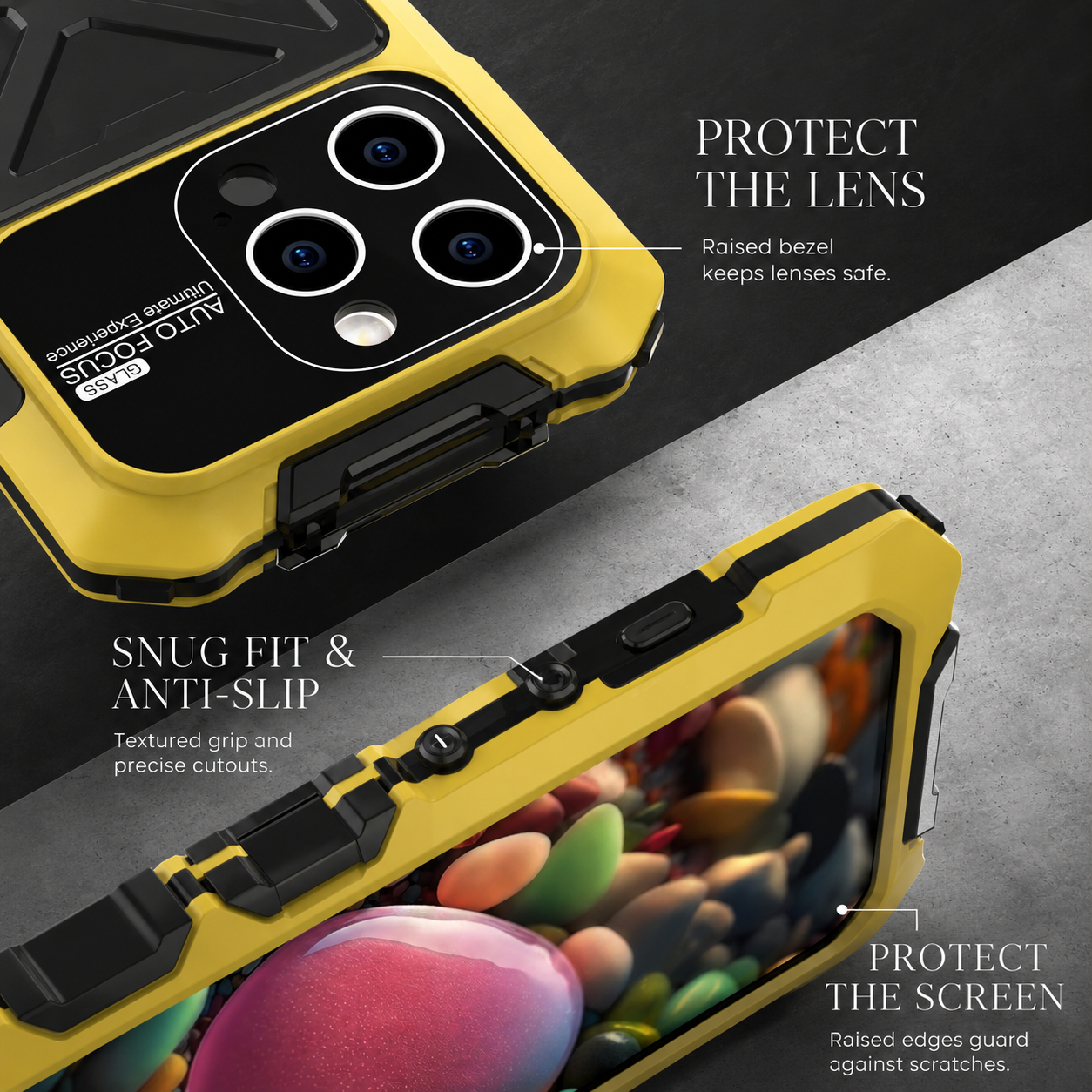 Premium iPhone Case Protective Cover Camera Lens Protection Shockproof Metal Bumper Anti Fall Silicone Bracket Rugged Armor Anti Scratch Edge Protection