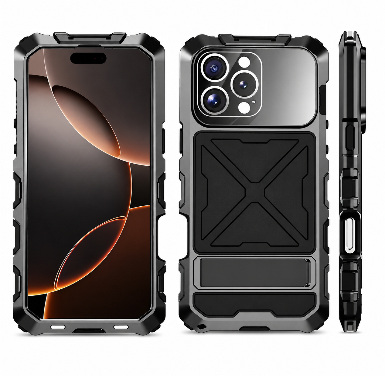 Premium iPhone Case Protective Cover Camera Lens Protection Shockproof Metal Bumper Anti Fall Silicone Bracket Rugged Armor Anti Scratch Edge Protection