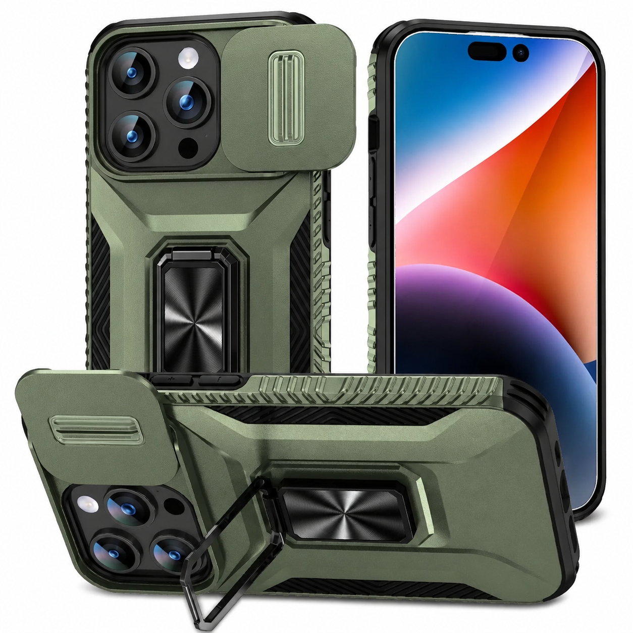 Premium iPhone Case Protective Cover Camera Lens Protection Shockproof Military Grade Kickstand Slide Camera Cover Anti Scratch Anti Slip Full Coverage