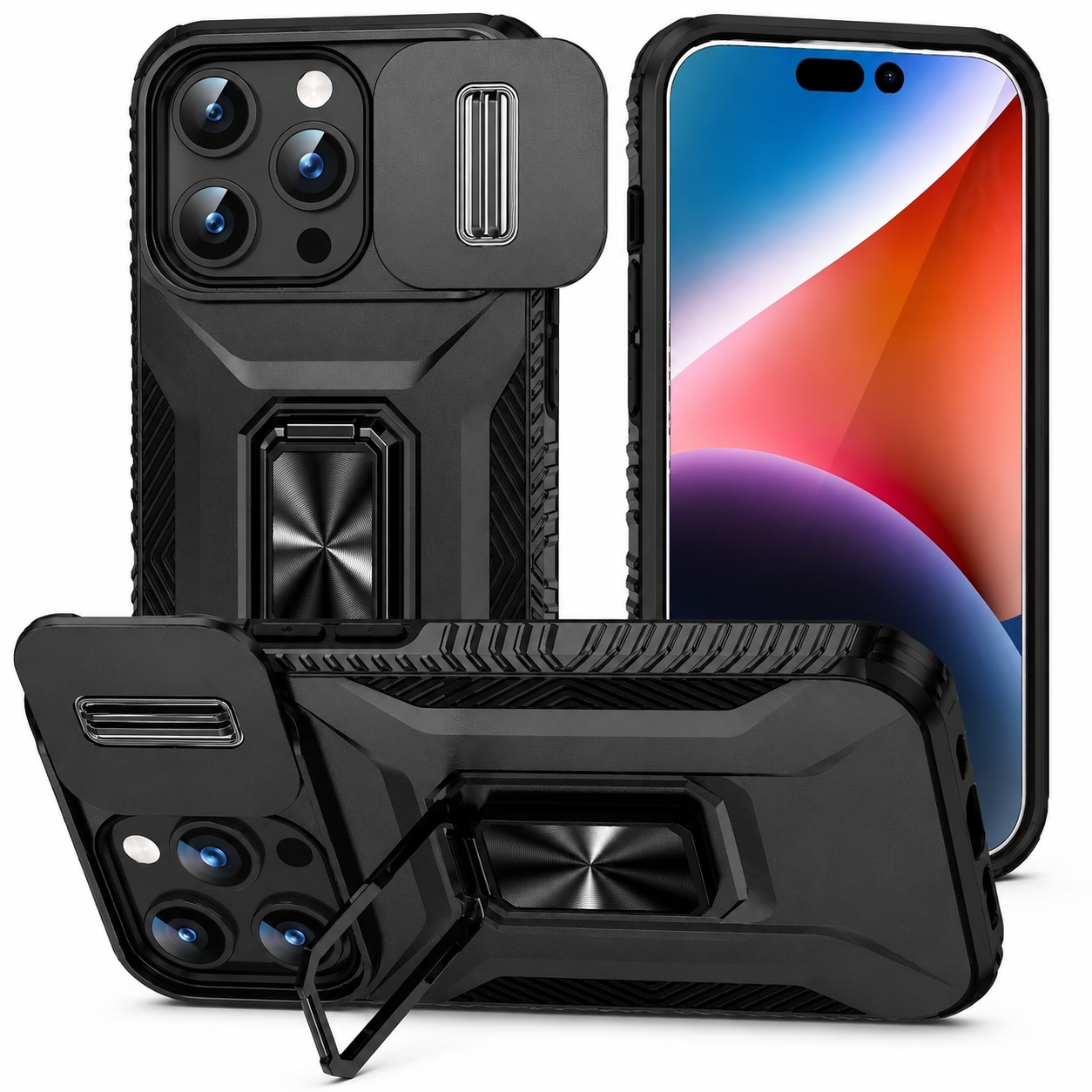 Premium iPhone Case Protective Cover Camera Lens Protection Shockproof Military Grade Kickstand Slide Camera Cover Anti Scratch Anti Slip Full Coverage
