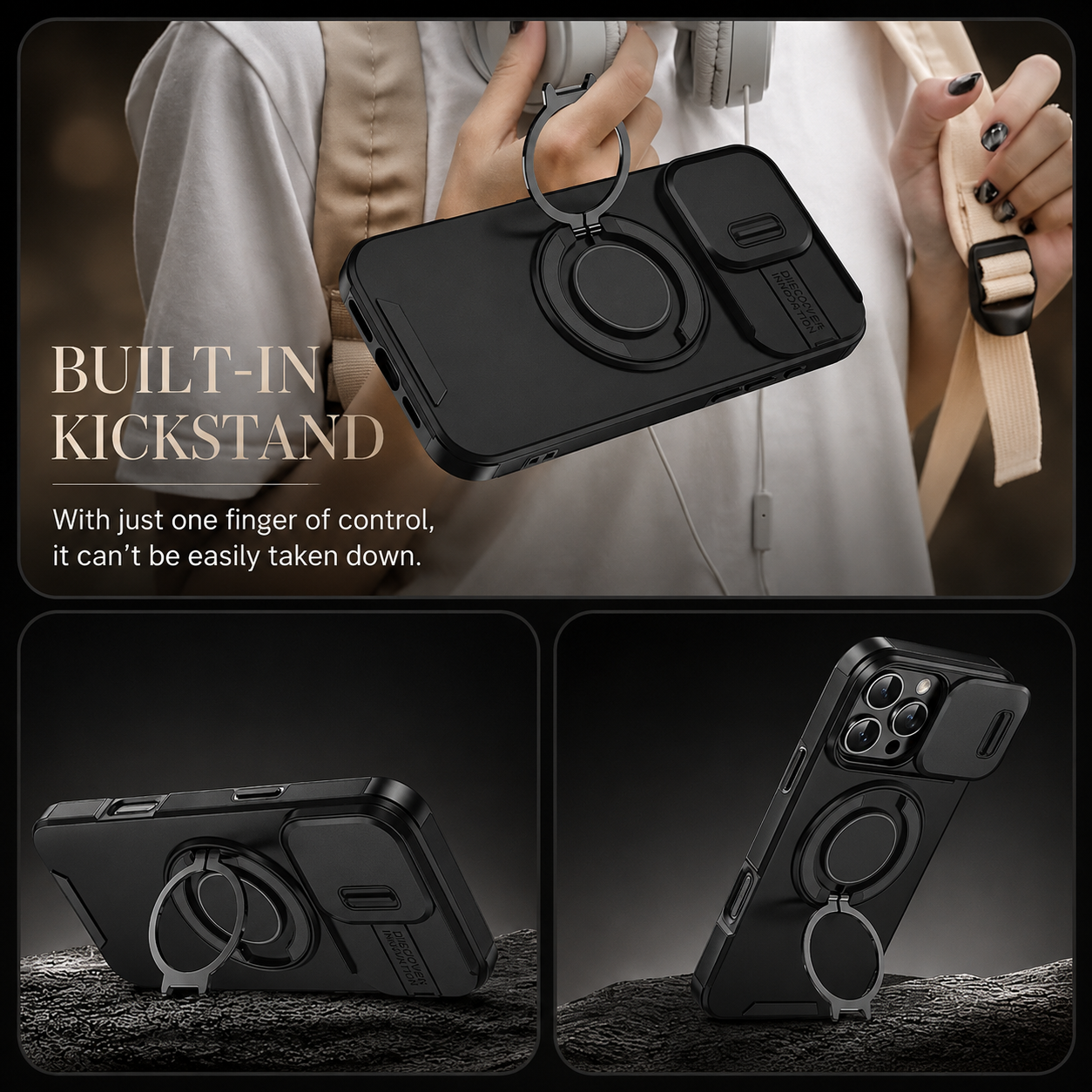 Premium iPhone Case Protective Cover Camera Lens Protection Shockproof Rugged Armor Magnetic Bracket Stand Anti Fingerprint Anti Scratch Full Coverage