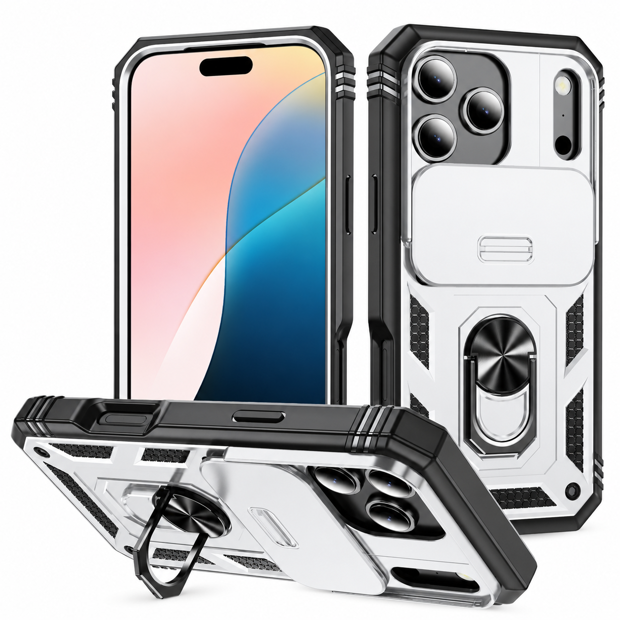 Premium iPhone Case Protective Cover Camera Lens Protection Shockproof Sliding Camera Cover 360 Rotating Kickstand Heavy Duty Anti Scratch Full Coverage