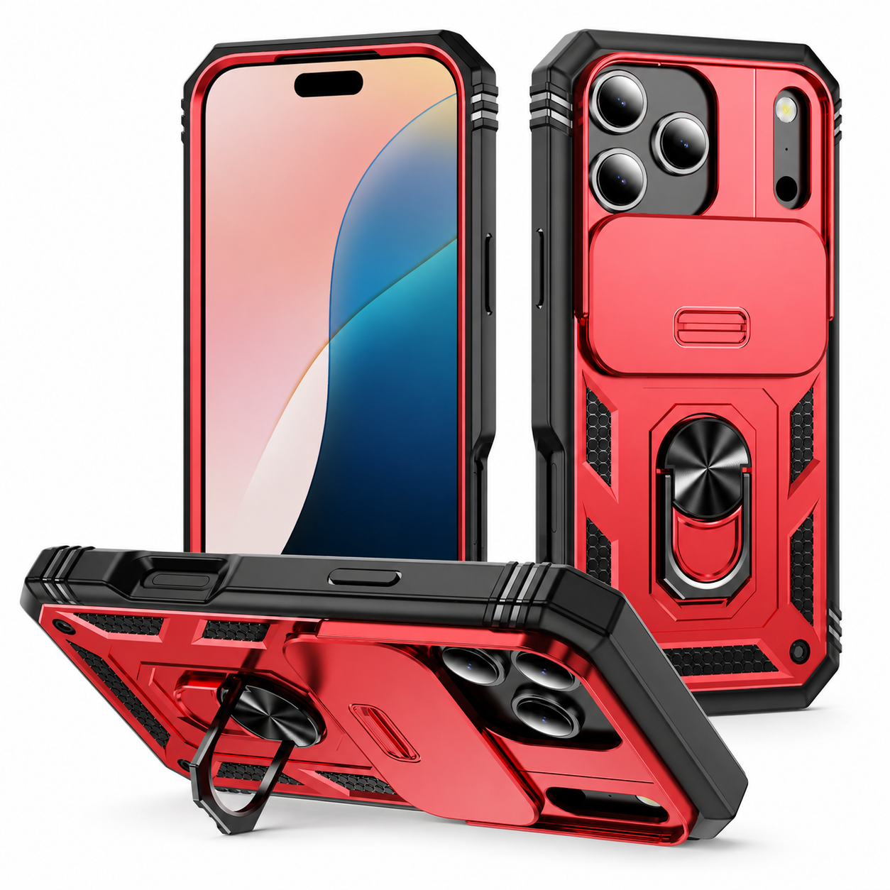 Premium iPhone Case Protective Cover Camera Lens Protection Shockproof Sliding Camera Cover 360 Rotating Kickstand Heavy Duty Anti Scratch Full Coverage