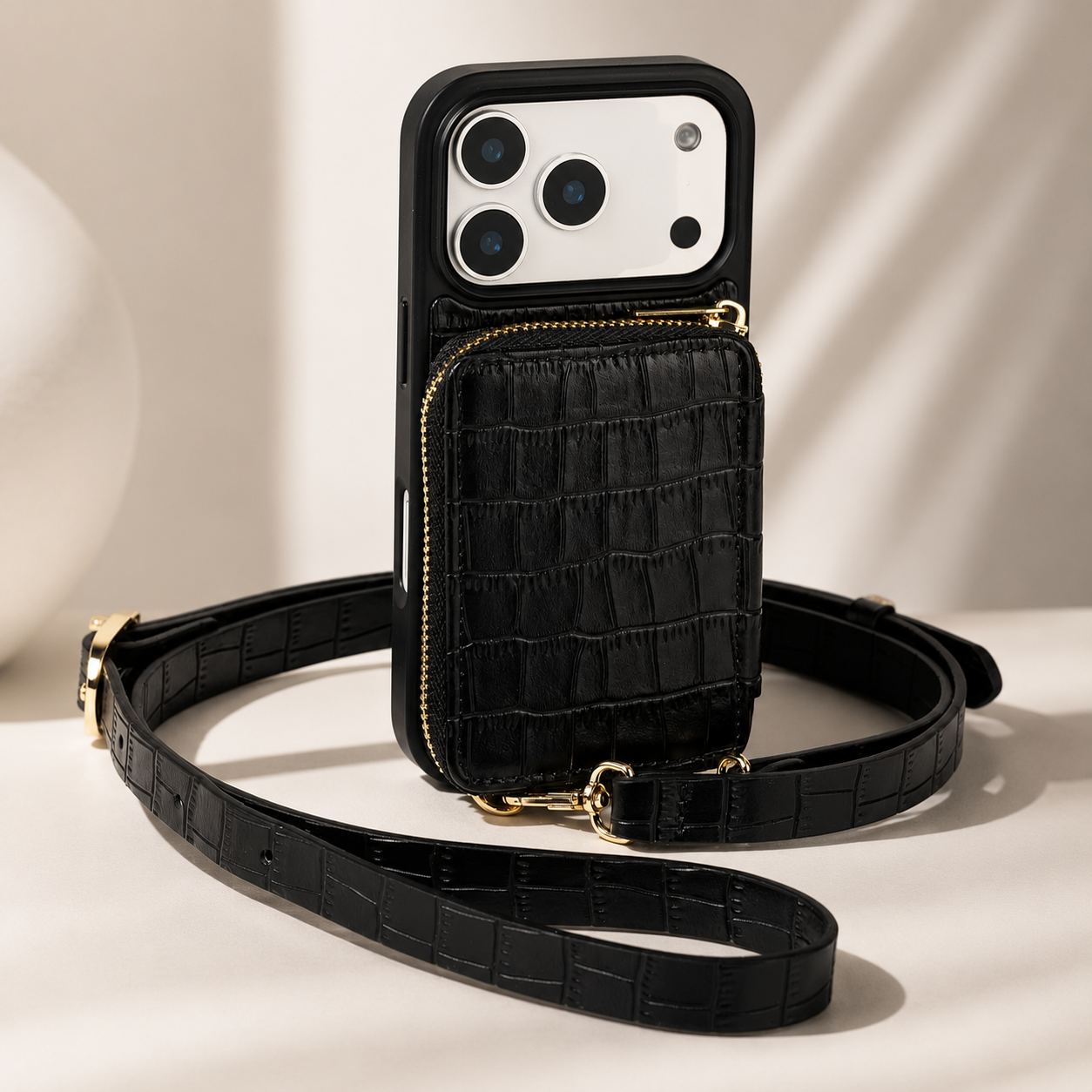Premium iPhone Case Protective Wallet Cover Camera Lens Protection Crocodile Pattern Leather Crossbody Lanyard Card Holder Anti Fingerprint Slim Fit
