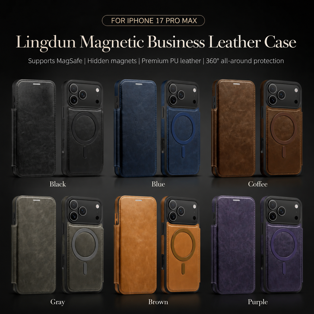 Premium iPhone Case RFID Blocking Leather Wallet Cover MagSafe Compatible Kickstand Card Holder Shockproof Protective Flip Case Wireless Charging