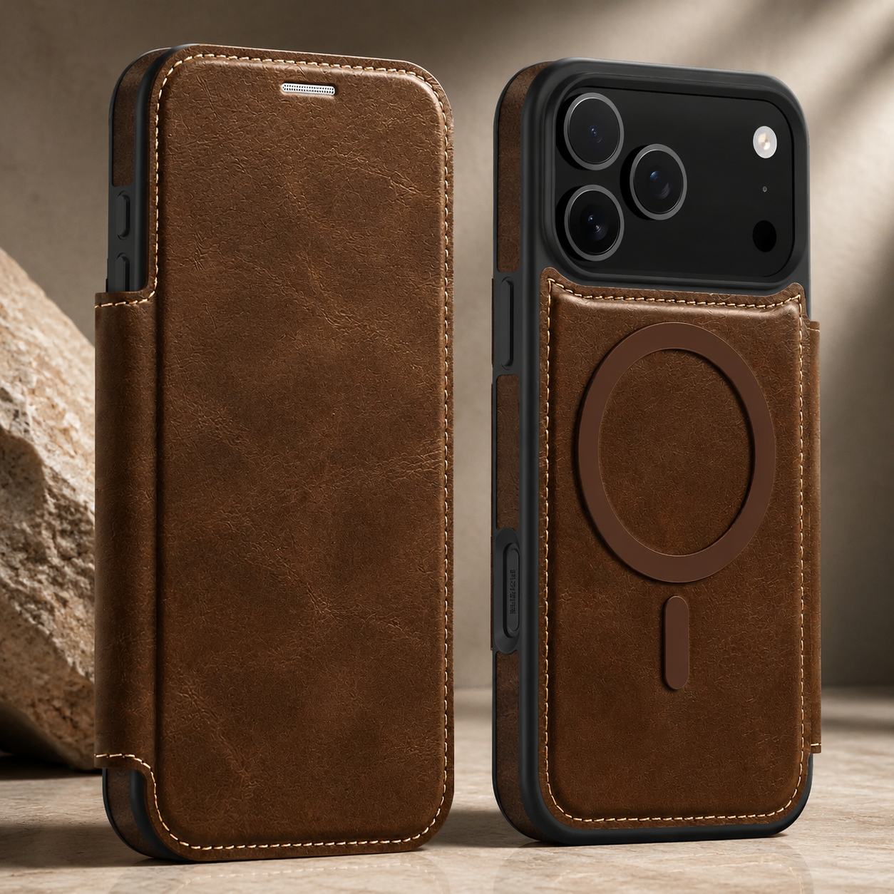 Premium iPhone Case RFID Blocking Leather Wallet Cover MagSafe Compatible Kickstand Card Holder Shockproof Protective Flip Case Wireless Charging