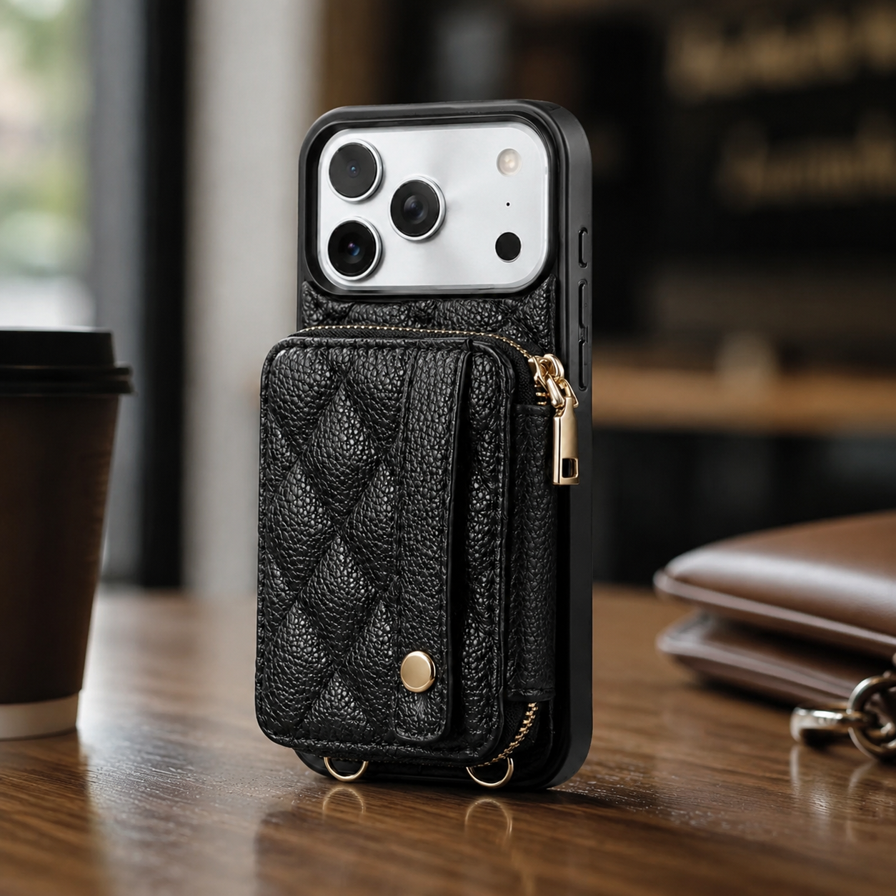 Premium iPhone Case RFID Blocking PU Leather Wallet Cover Crossbody Shoulder Strap Wrist Strap Card Holder Shockproof Protective Design