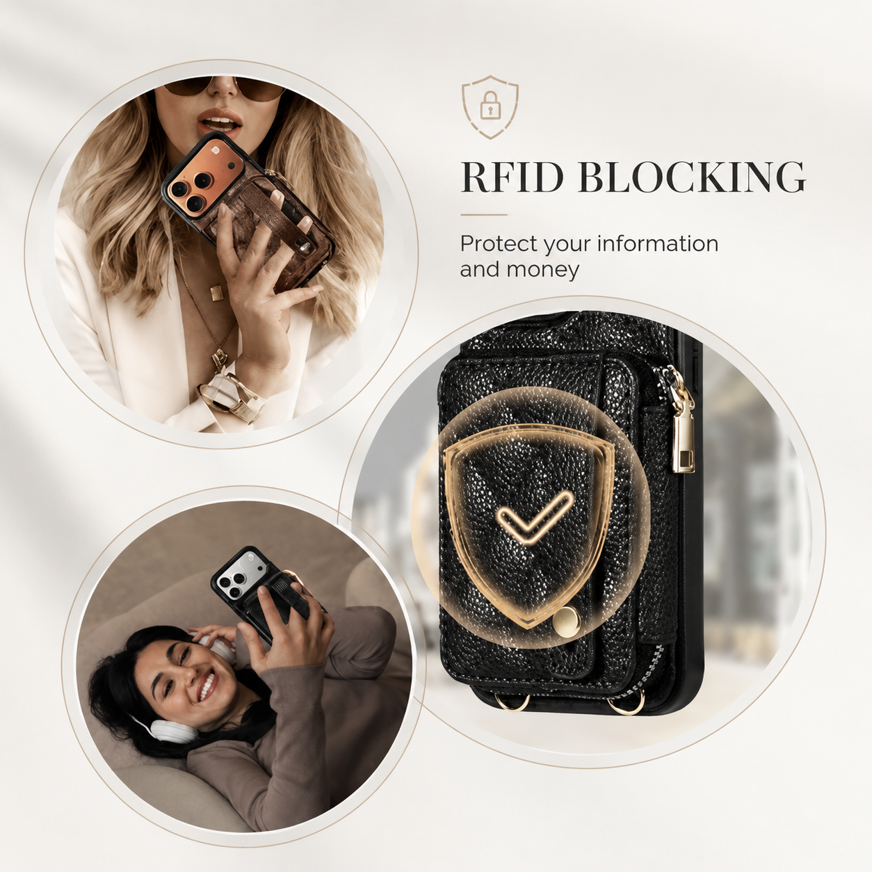 Premium iPhone Case RFID Blocking PU Leather Wallet Cover Crossbody Shoulder Strap Wrist Strap Card Holder Shockproof Protective Design