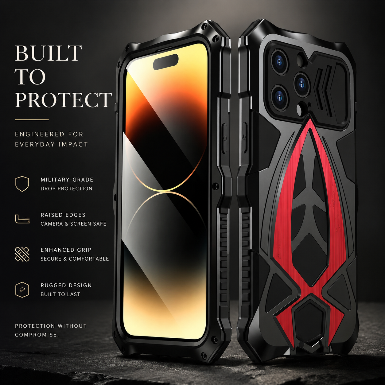 Premium iPhone Case Rugged Metal Frame Armor Shockproof Protective Cover Camera Lens Protection Anti Scratch Dustproof Full Edge Defense Design