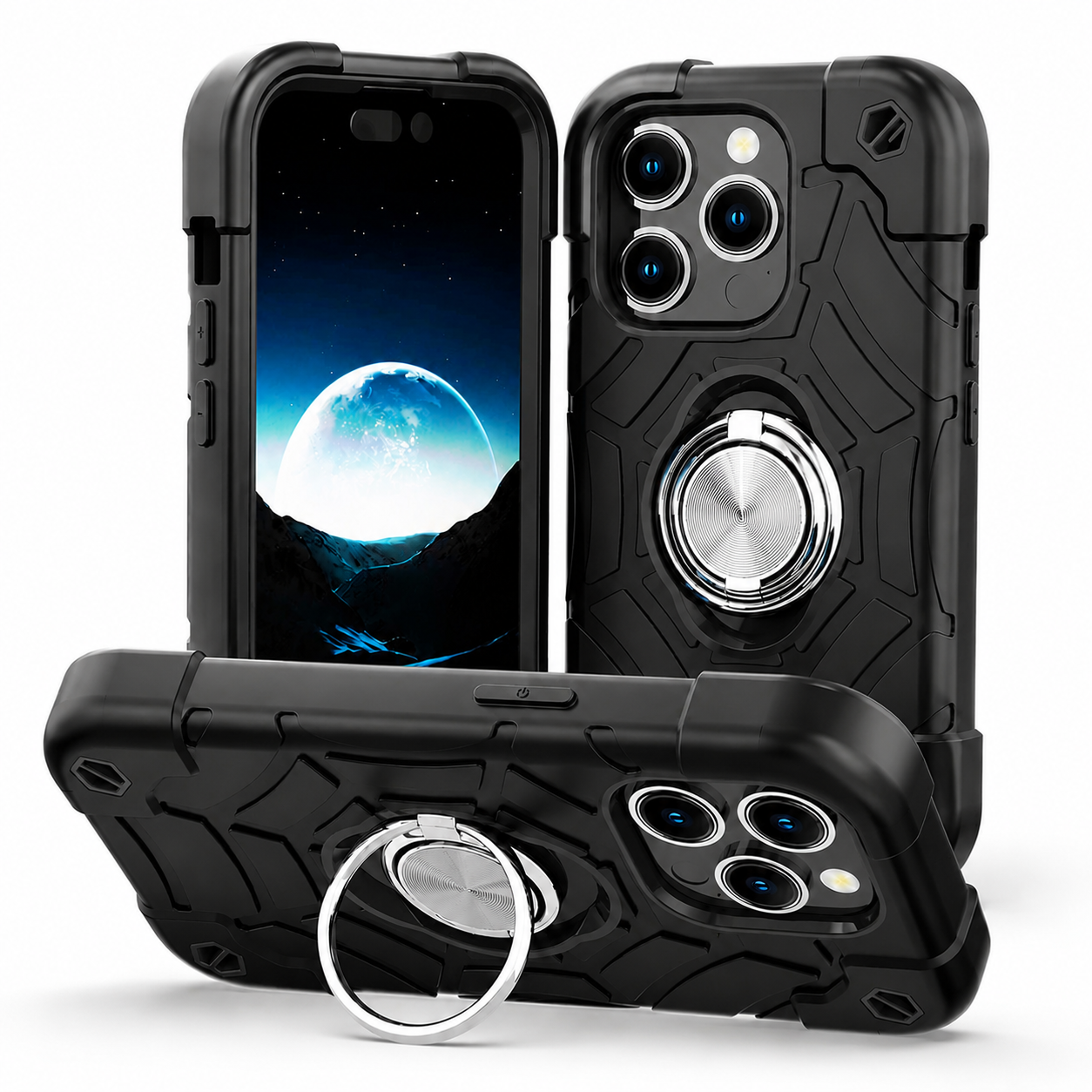 Premium iPhone Case Rugged Military Grade Protective Cover Dual Layer Shockproof Armor Ring Holder Magnetic Car Mount Compatible Full Body Protection Design