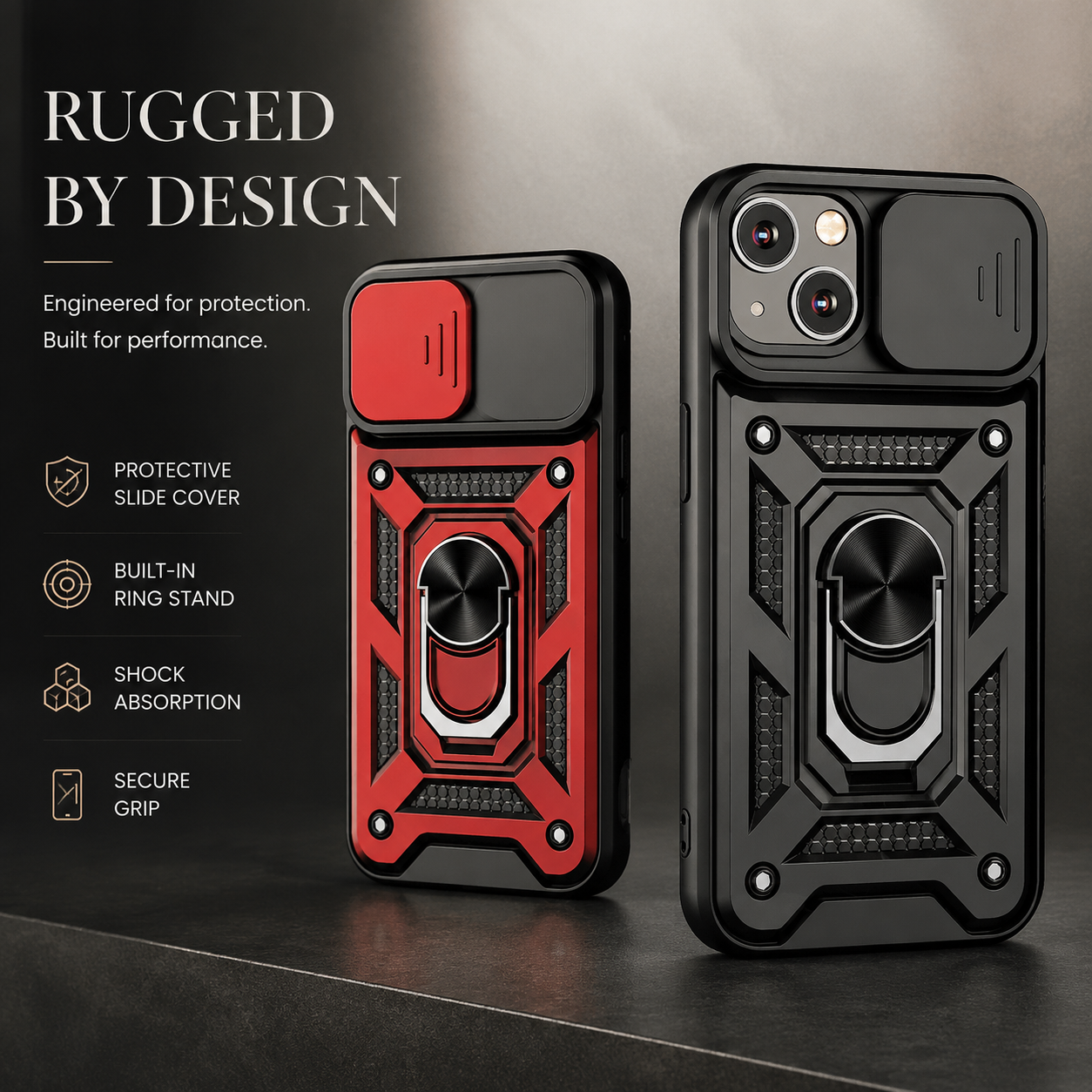 Premium iPhone Case Shockproof Armor Cover Slide Camera Lens Protector Rugged Full Body Protection TPU PC Hybrid Protective Case