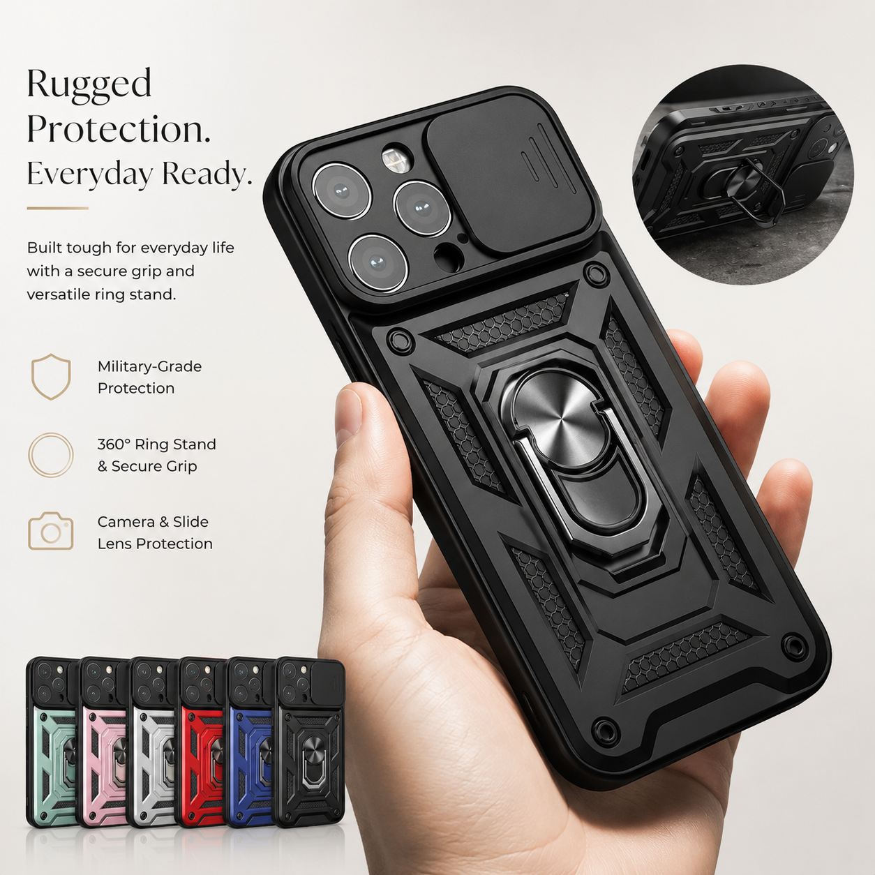 Premium iPhone Case Shockproof Armor Cover Slide Camera Lens Protector Rugged Full Body Protection TPU PC Hybrid Protective Case