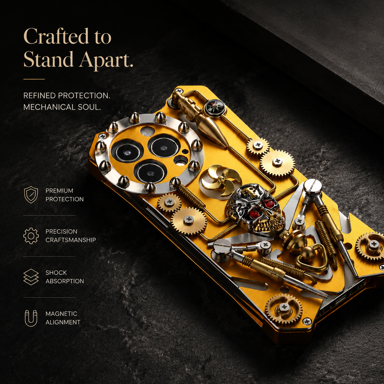 Premium iPhone Case Skull Compass Armor Cover MagSafe Compatible Shockproof Metal Kickstand Cooling Back Protective Case Camera Lens Screen Protection Full Coverage Design
