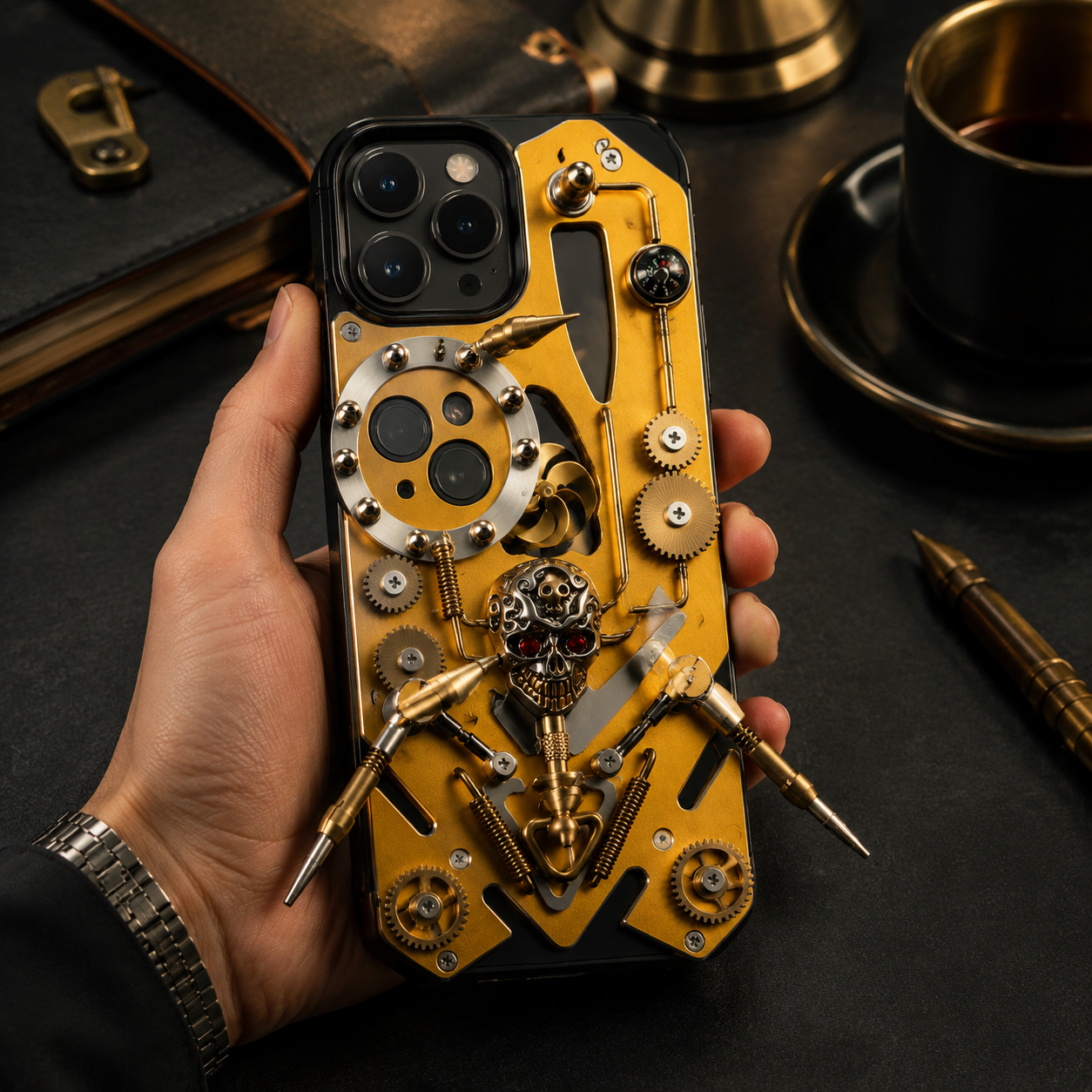 Premium iPhone Case Skull Compass Armor Cover MagSafe Compatible Shockproof Metal Kickstand Cooling Back Protective Case Camera Lens Screen Protection Full Coverage Design