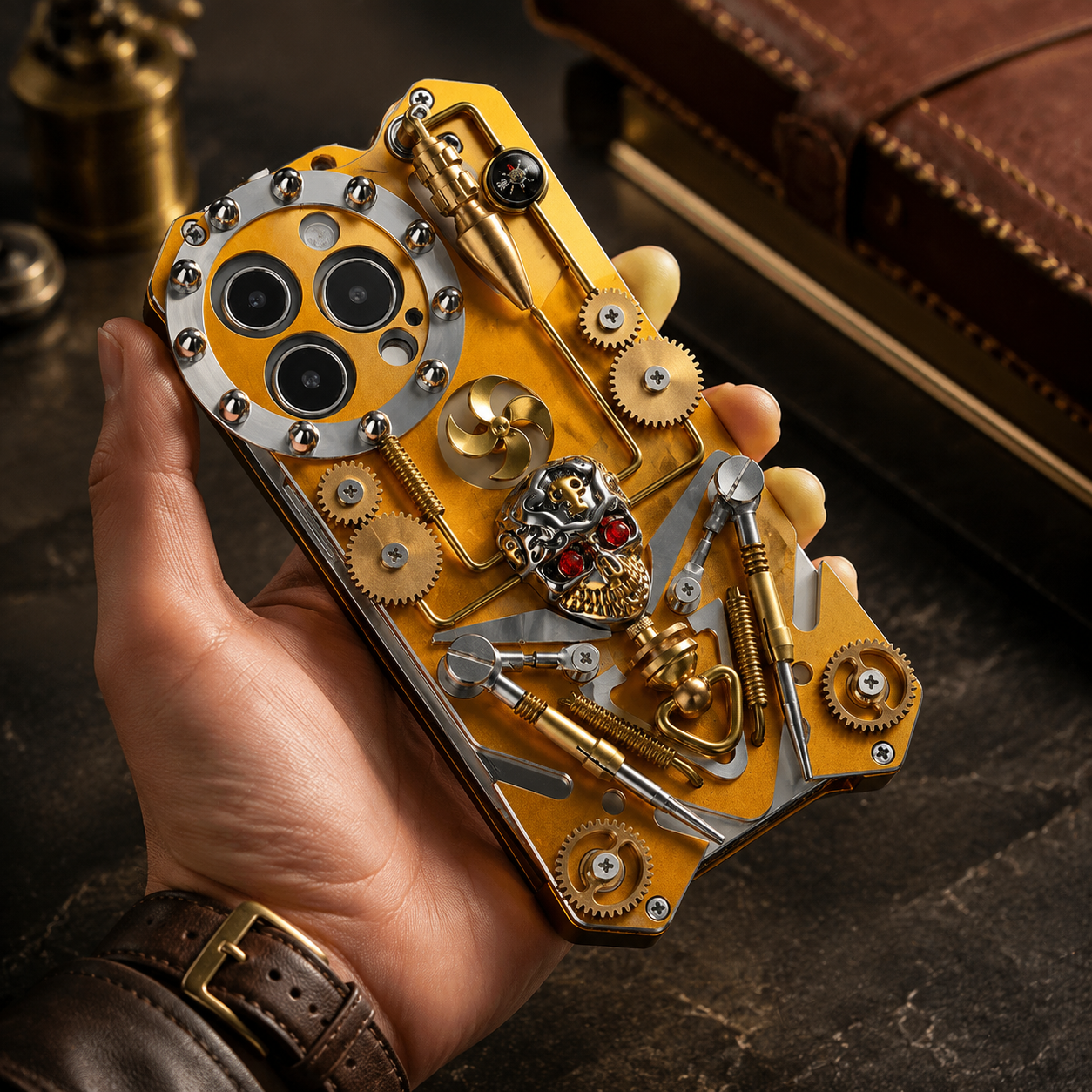 Premium iPhone Case Skull Compass Armor Cover MagSafe Compatible Shockproof Metal Kickstand Cooling Back Protective Case Camera Lens Screen Protection Full Coverage Design