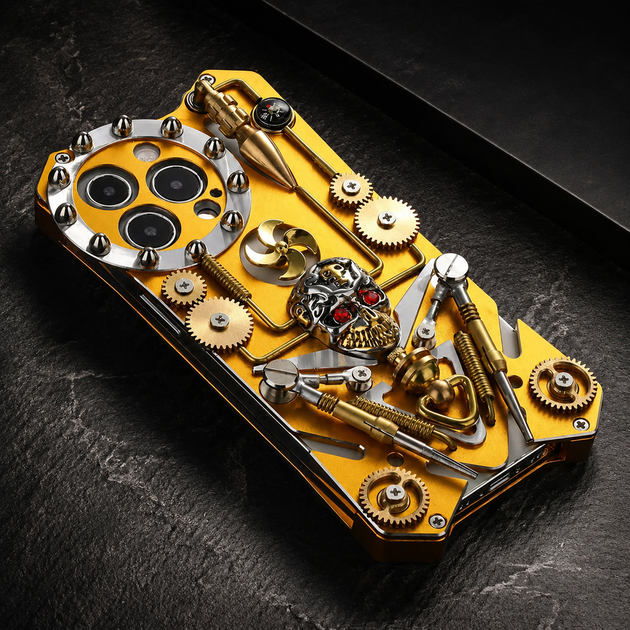 Premium iPhone Case Skull Compass Armor Cover MagSafe Compatible Shockproof Metal Kickstand Cooling Back Protective Case Camera Lens Screen Protection Full Coverage Design
