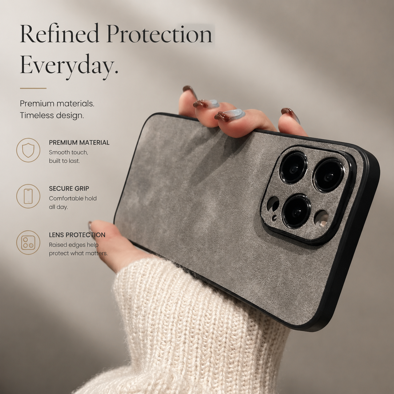 Premium iPhone Case Suede Leather Cover with Soft Silicone Edges Shockproof Camera Lens Protection Anti Scratch Non Slip Ultra Thin Slim Protective Design