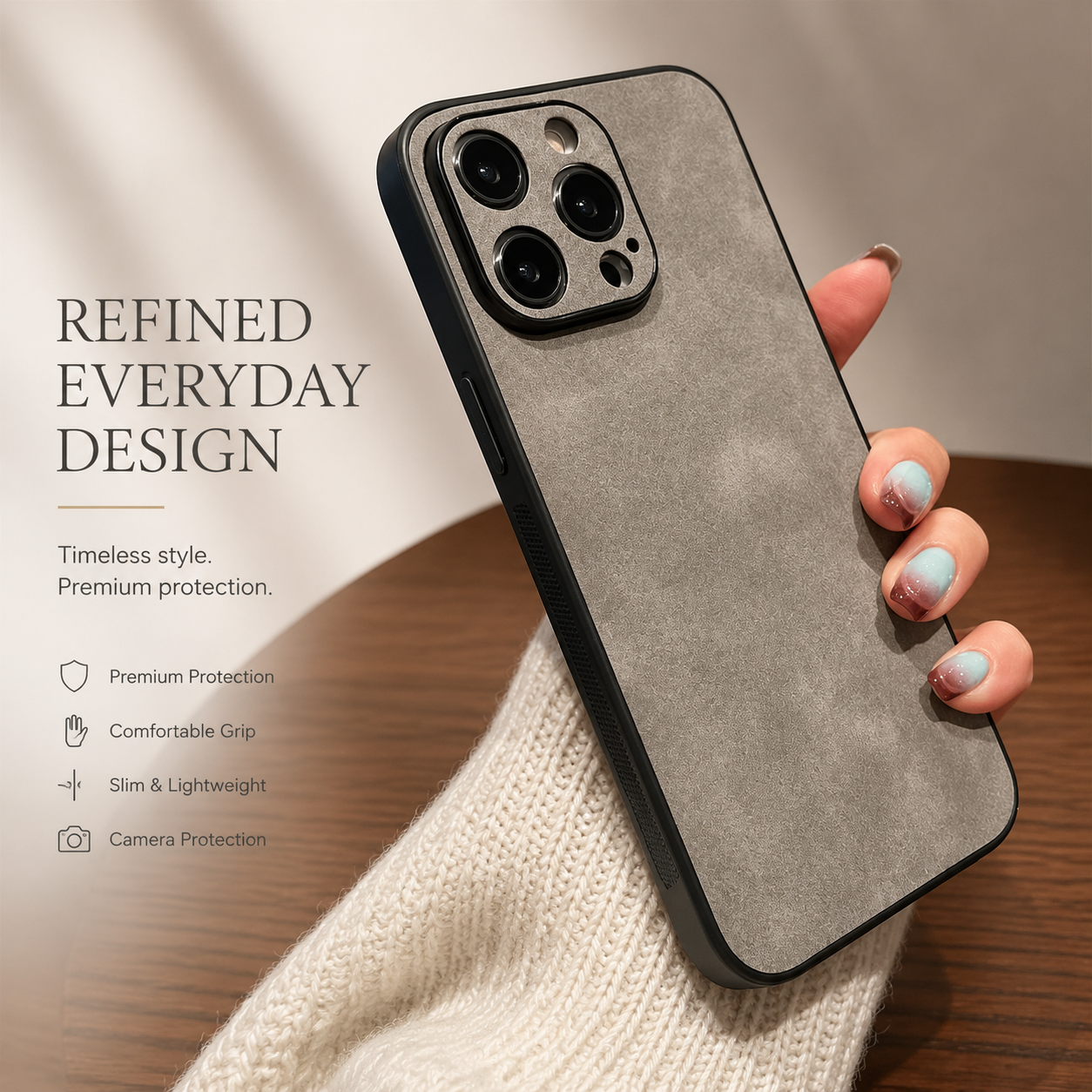 Premium iPhone Case Suede Leather Cover with Soft Silicone Edges Shockproof Camera Lens Protection Anti Scratch Non Slip Ultra Thin Slim Protective Design