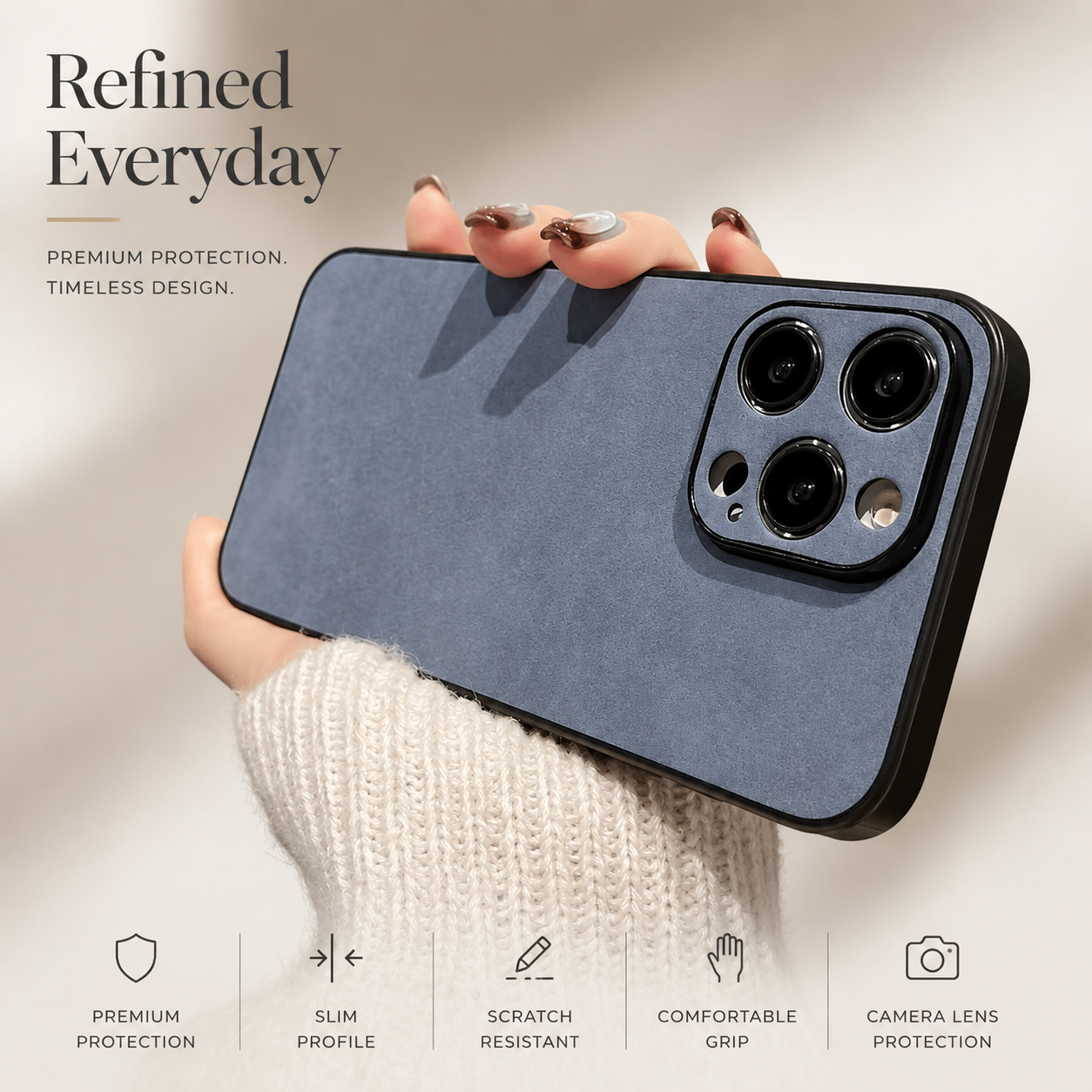 Premium iPhone Case Suede Leather Cover with Soft Silicone Edges Shockproof Camera Lens Protection Anti Scratch Non Slip Ultra Thin Slim Protective Design