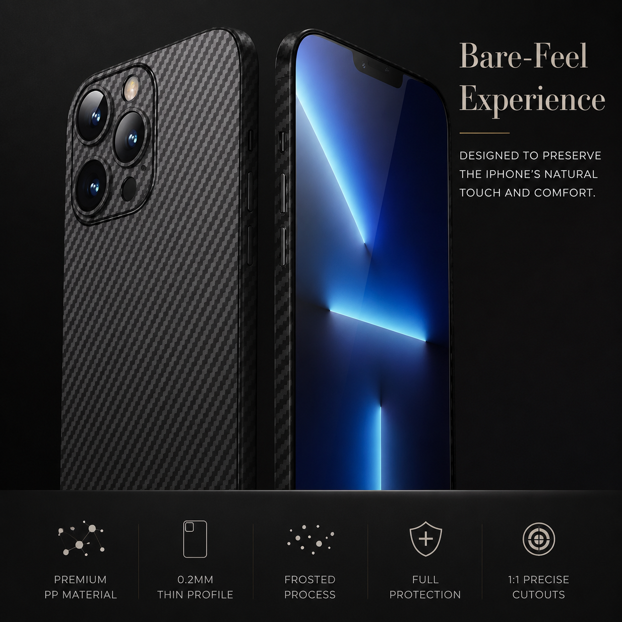 Premium iPhone Case Ultra Thin Carbon Fiber Matte Protective Cover PP Back Panel Lightweight Slim Scratch Resistant Minimalist Design