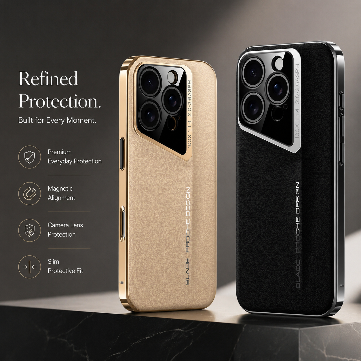 Premium iPhone Case Vegan Leather Hard Back Protective Cover Camera Lens Protection Anti-Fingerprint Anti-Scratch Slim Lightweight Wireless Charging Compatible Full Coverage