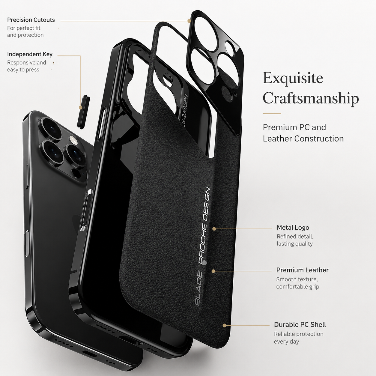 Premium iPhone Case Vegan Leather Hard Back Protective Cover Camera Lens Protection Anti-Fingerprint Anti-Scratch Slim Lightweight Wireless Charging Compatible Full Coverage