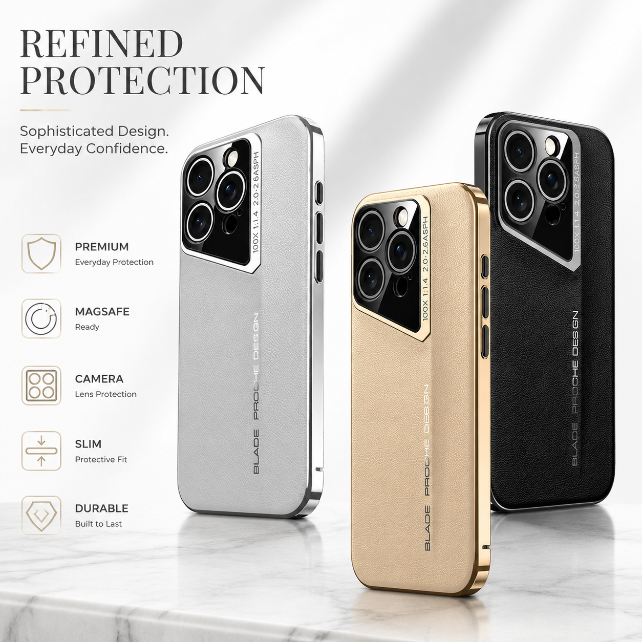 Premium iPhone Case Vegan Leather Hard Back Protective Cover Camera Lens Protection Anti-Fingerprint Anti-Scratch Slim Lightweight Wireless Charging Compatible Full Coverage