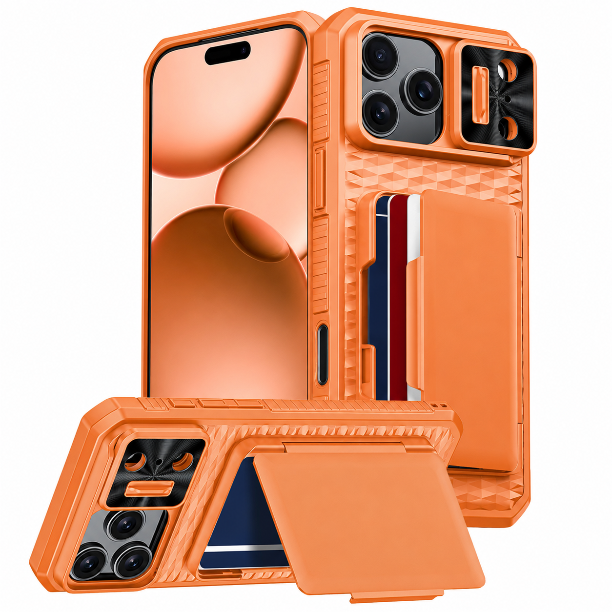 Premium iPhone Case Wallet Card Holder Sliding Camera Cover Foldable Stand Shockproof PC TPU Protective Full Coverage Design