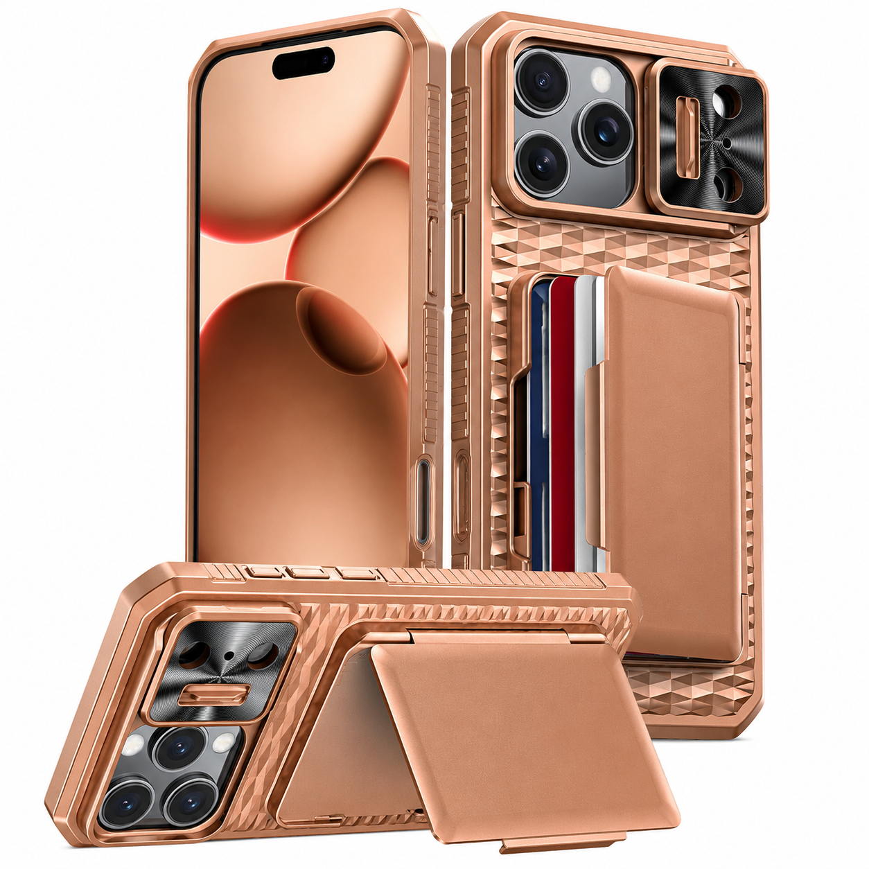 Premium iPhone Case Wallet Card Holder Sliding Camera Cover Foldable Stand Shockproof PC TPU Protective Full Coverage Design