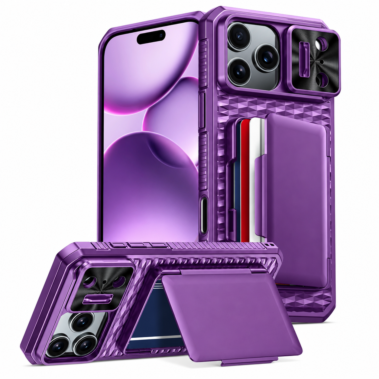 Premium iPhone Case Wallet Card Holder Sliding Camera Cover Foldable Stand Shockproof PC TPU Protective Full Coverage Design
