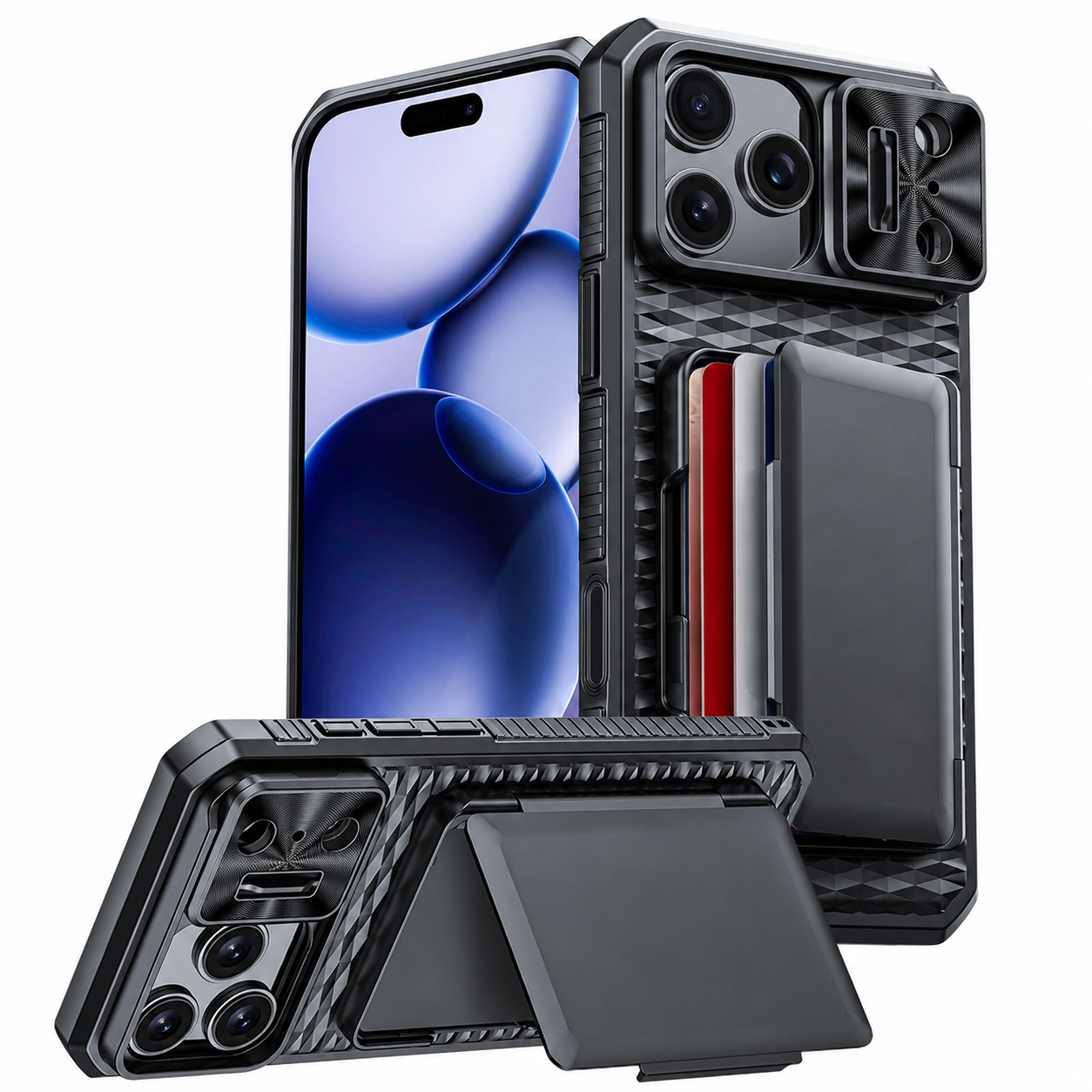 Premium iPhone Case Wallet Card Holder Sliding Camera Cover Foldable Stand Shockproof PC TPU Protective Full Coverage Design