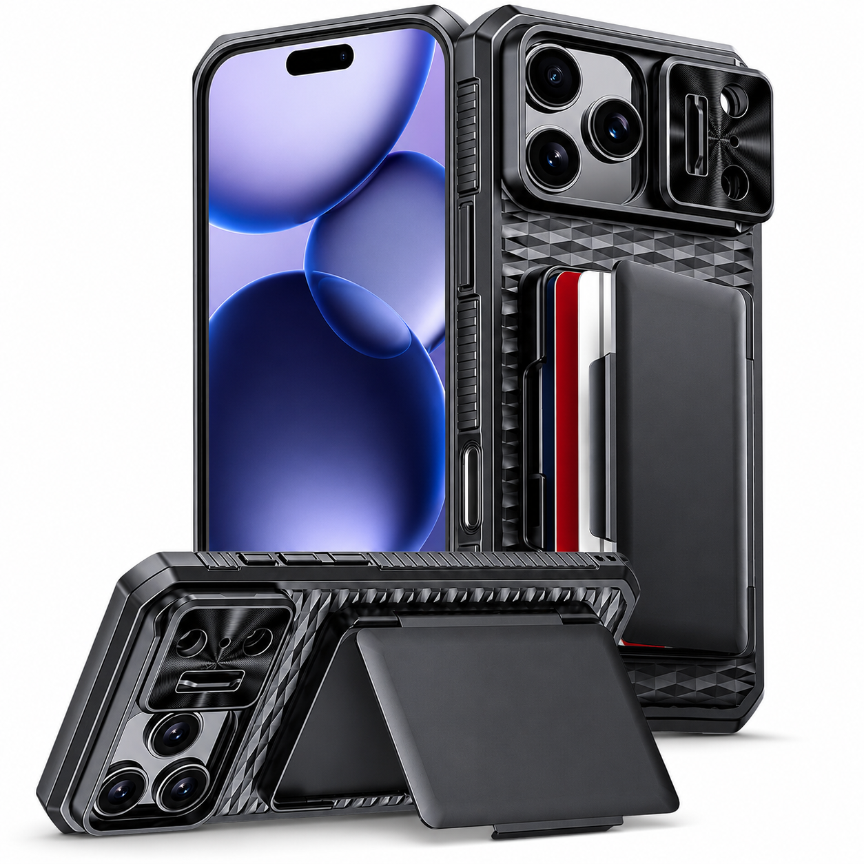 Premium iPhone Case Wallet Card Holder Sliding Camera Cover Shockproof Dual Layer Heavy Duty Protective Cover Stand Full Coverage Anti Scratch Design