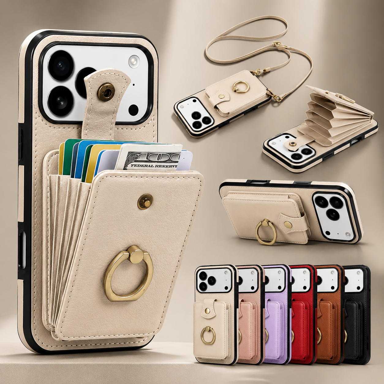 Premium iPhone Case Wallet Cover Card Holder RFID Blocking PU Leather Protective Case 360 Rotating Ring Kickstand Shockproof Full Coverage Design