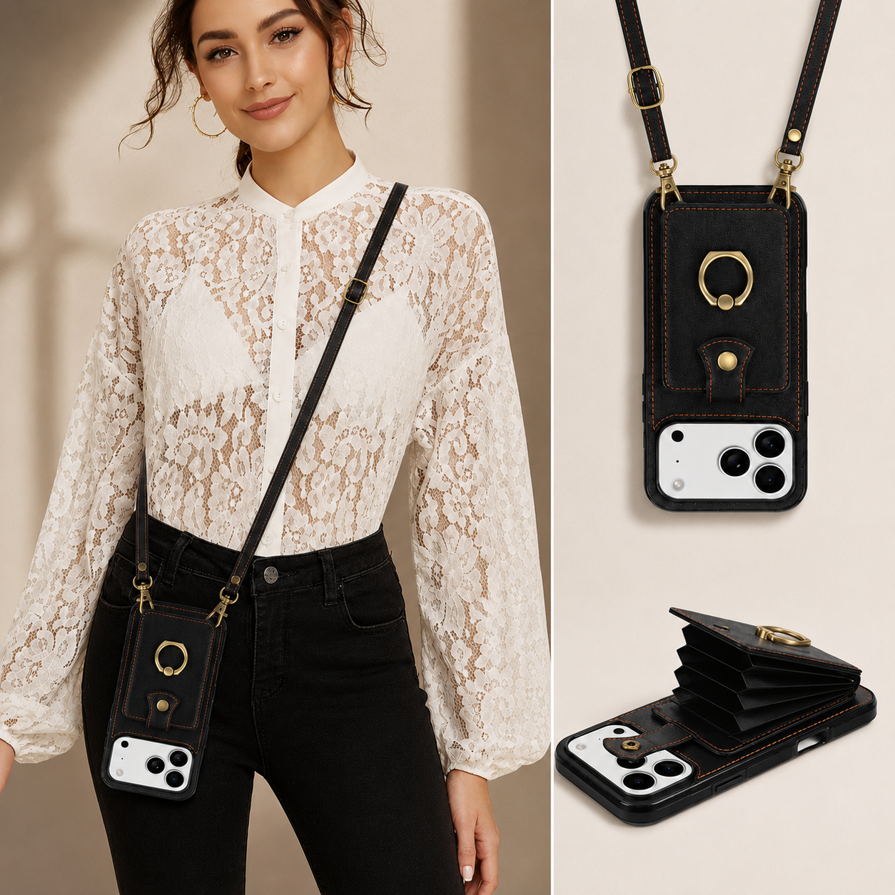 Premium iPhone Case Wallet Cover Card Holder RFID Blocking PU Leather Protective Case 360 Rotating Ring Kickstand Shockproof Full Coverage Design