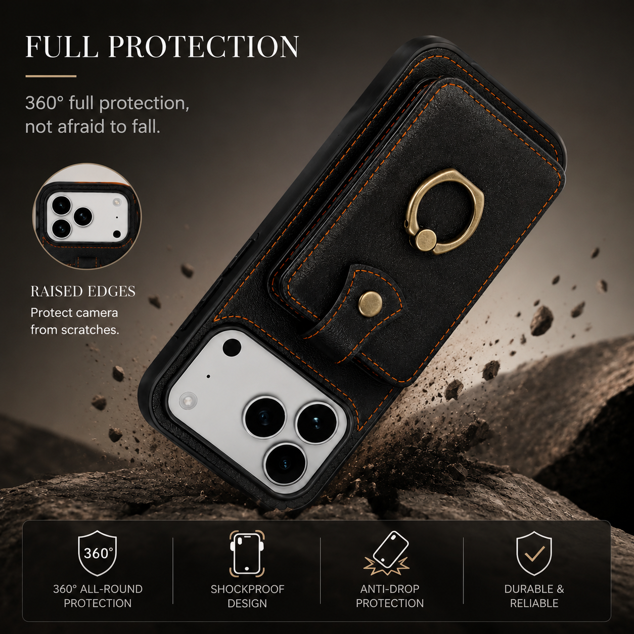 Premium iPhone Case Wallet Cover Card Holder RFID Blocking PU Leather Protective Case 360 Rotating Ring Kickstand Shockproof Full Coverage Design