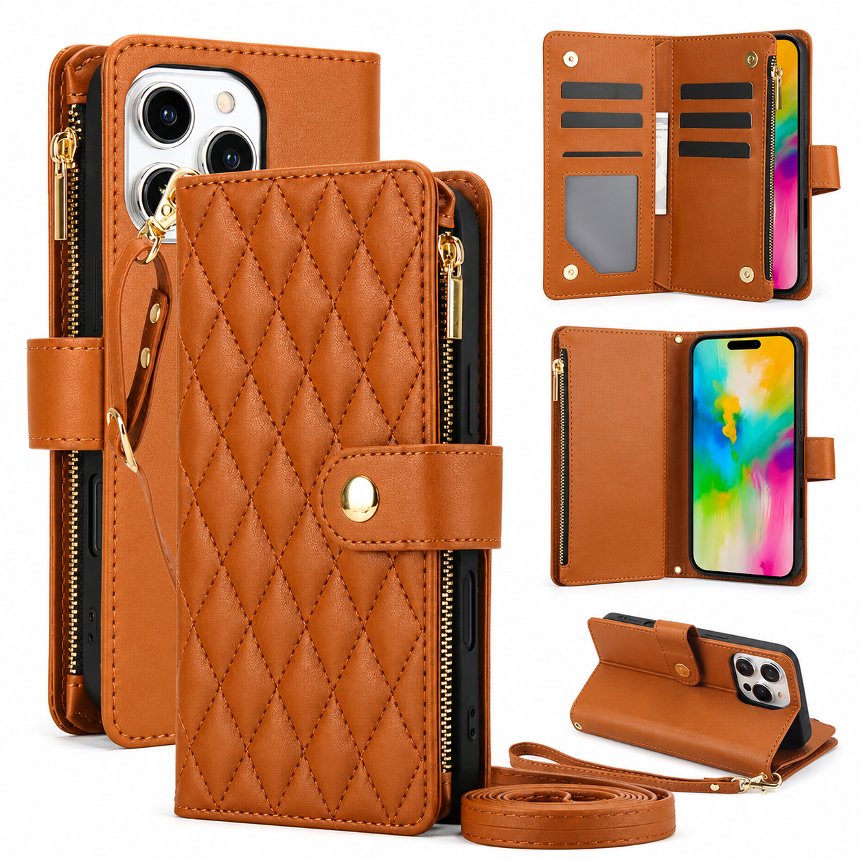 Premium iPhone Case Wallet Flip Cover Magnetic Leather Protective Case Zipper Card Holder Shockproof Crossbody Strap Kickstand Full Coverage