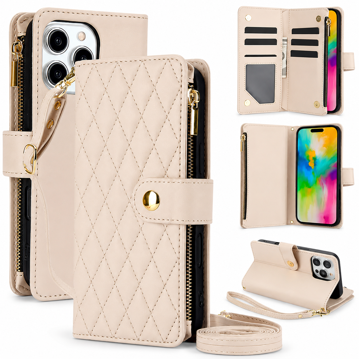 Premium iPhone Case Wallet Flip Cover Magnetic Leather Protective Case Zipper Card Holder Shockproof Crossbody Strap Kickstand Full Coverage