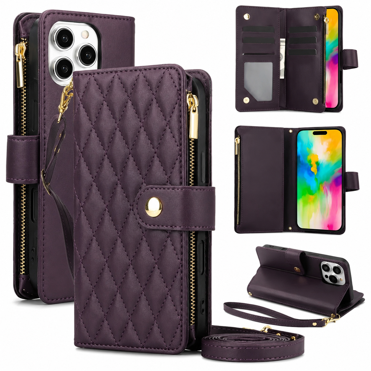 Premium iPhone Case Wallet Flip Cover Magnetic Leather Protective Case Zipper Card Holder Shockproof Crossbody Strap Kickstand Full Coverage