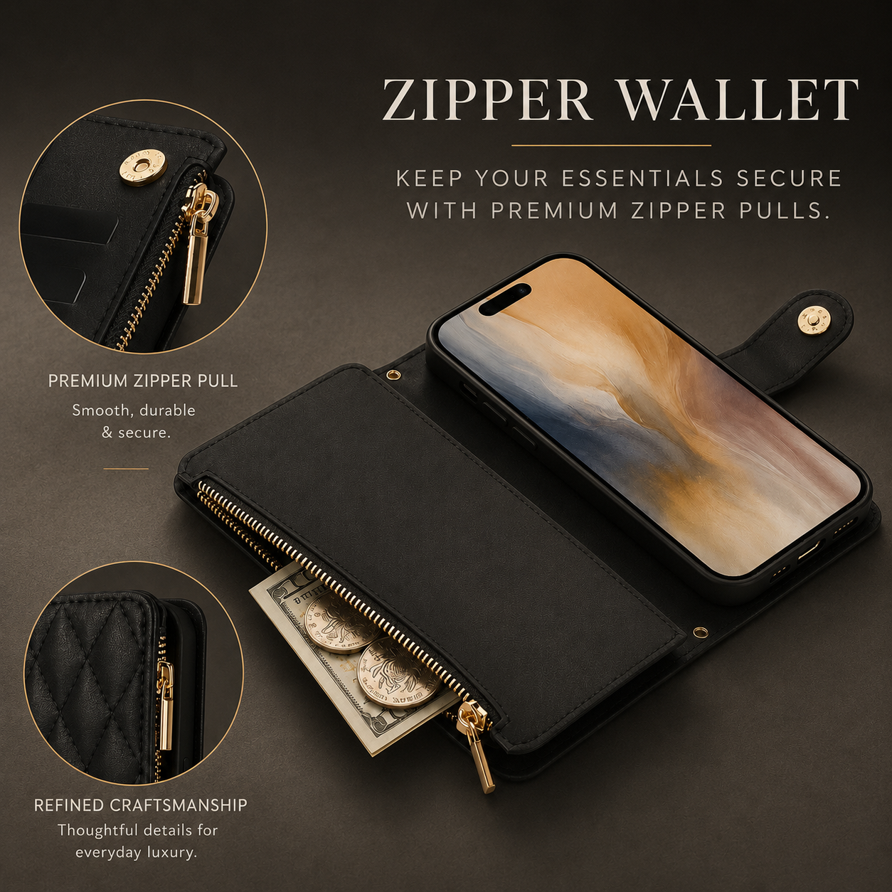 Premium iPhone Case Wallet Flip Cover Magnetic Leather Protective Case Zipper Card Holder Shockproof Crossbody Strap Kickstand Full Coverage