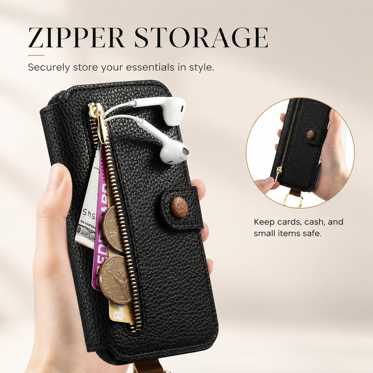 Premium iPhone Case Wallet Flip Leather Cover Card Holder Wrist Strap Ring Kickstand Shockproof Magnetic Closure Full Protection Design