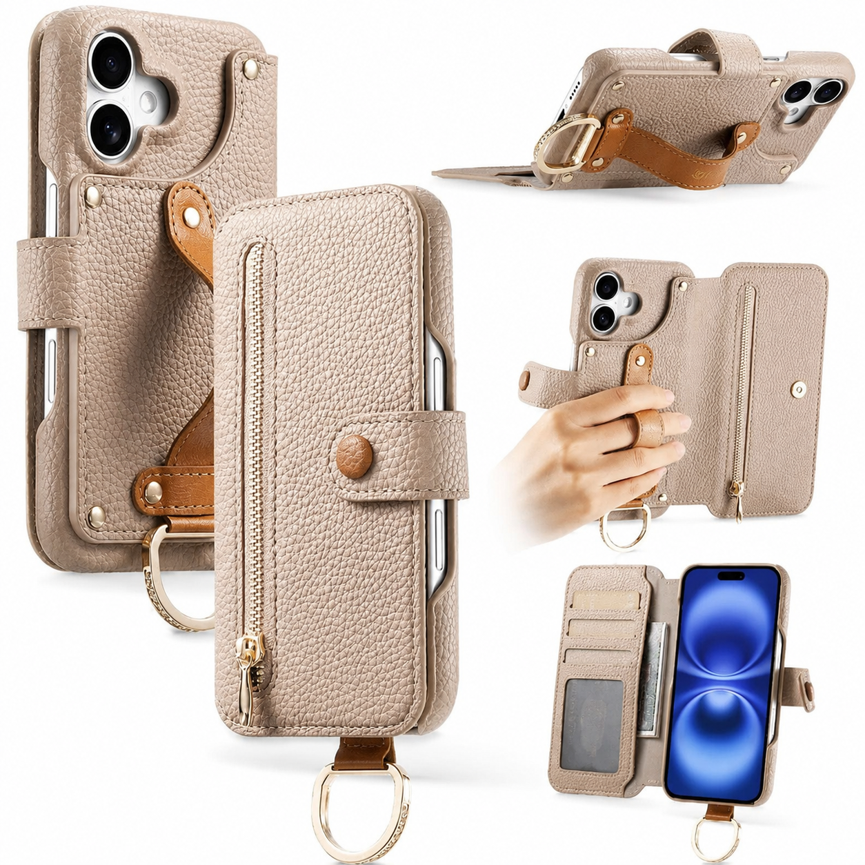 Premium iPhone Case Wallet Flip Leather Cover Card Holder Wrist Strap Ring Kickstand Shockproof Magnetic Closure Full Protection Design