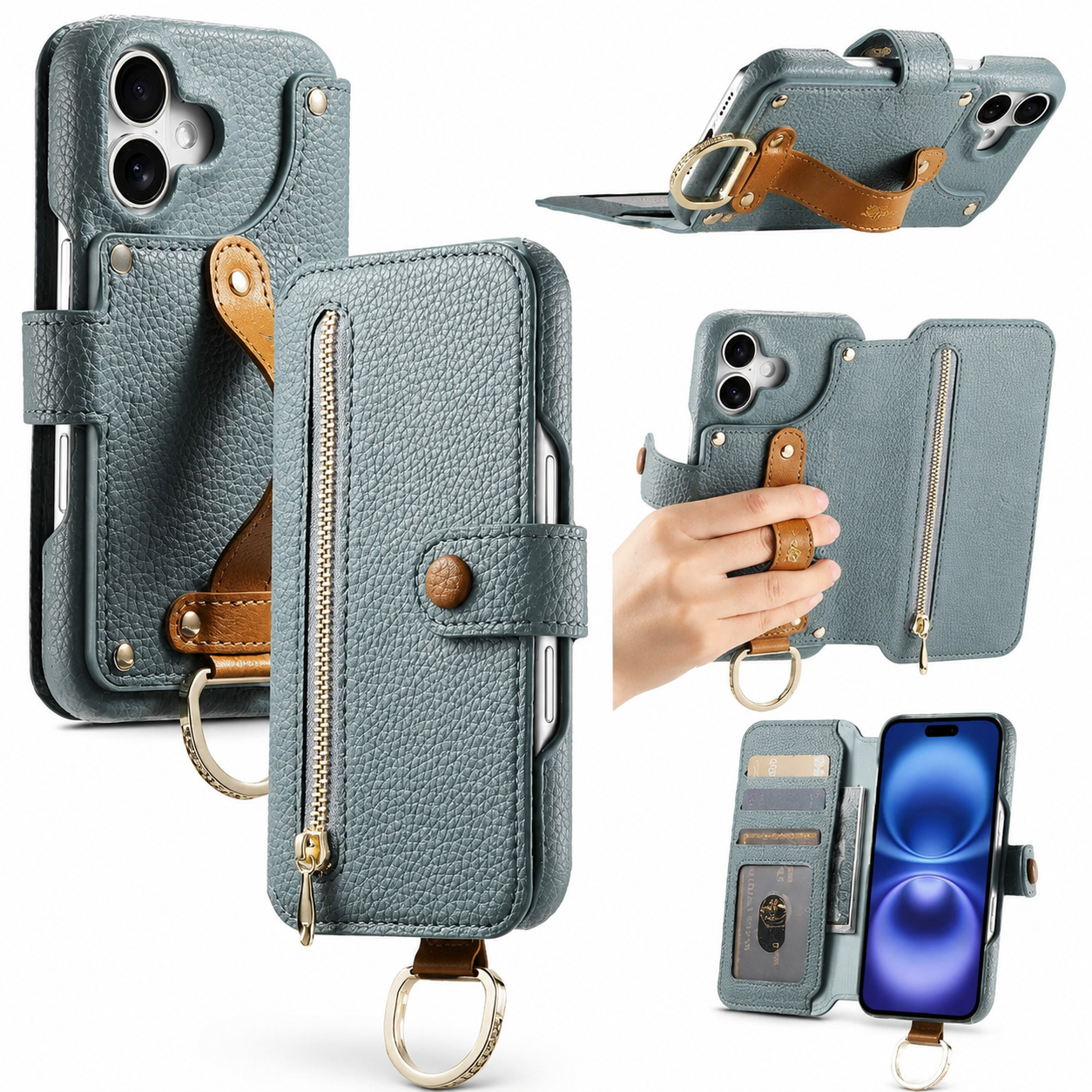 Premium iPhone Case Wallet Flip Leather Cover Card Holder Wrist Strap Ring Kickstand Shockproof Magnetic Closure Full Protection Design
