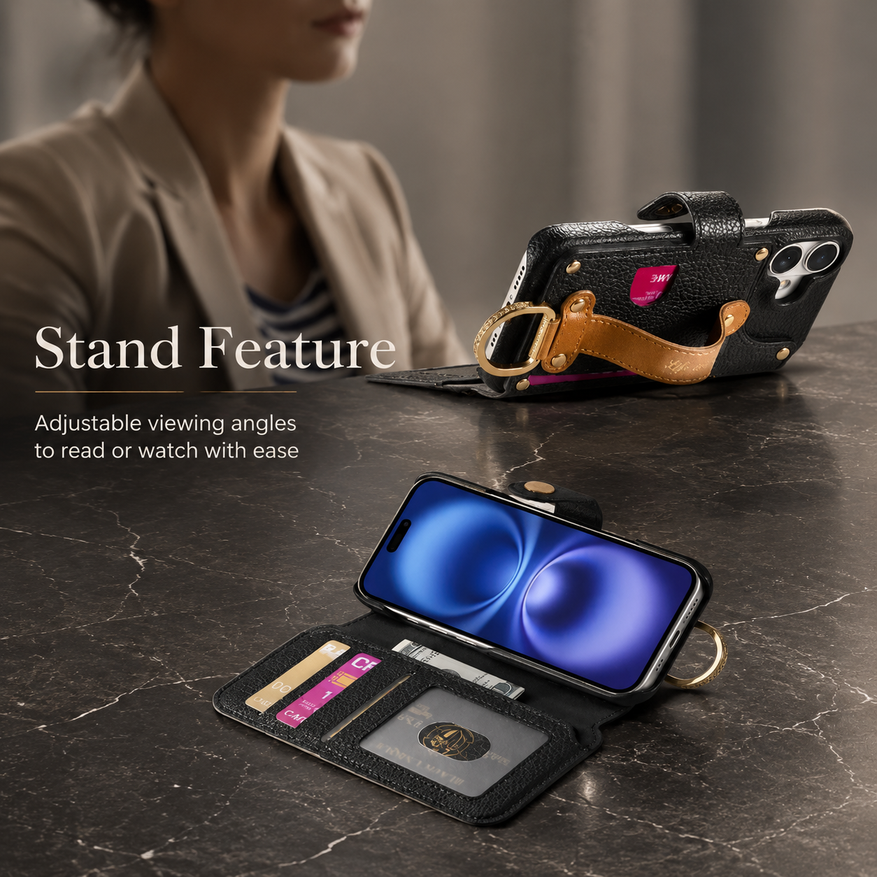 Premium iPhone Case Wallet Flip Leather Cover Card Holder Wrist Strap Ring Kickstand Shockproof Magnetic Closure Full Protection Design