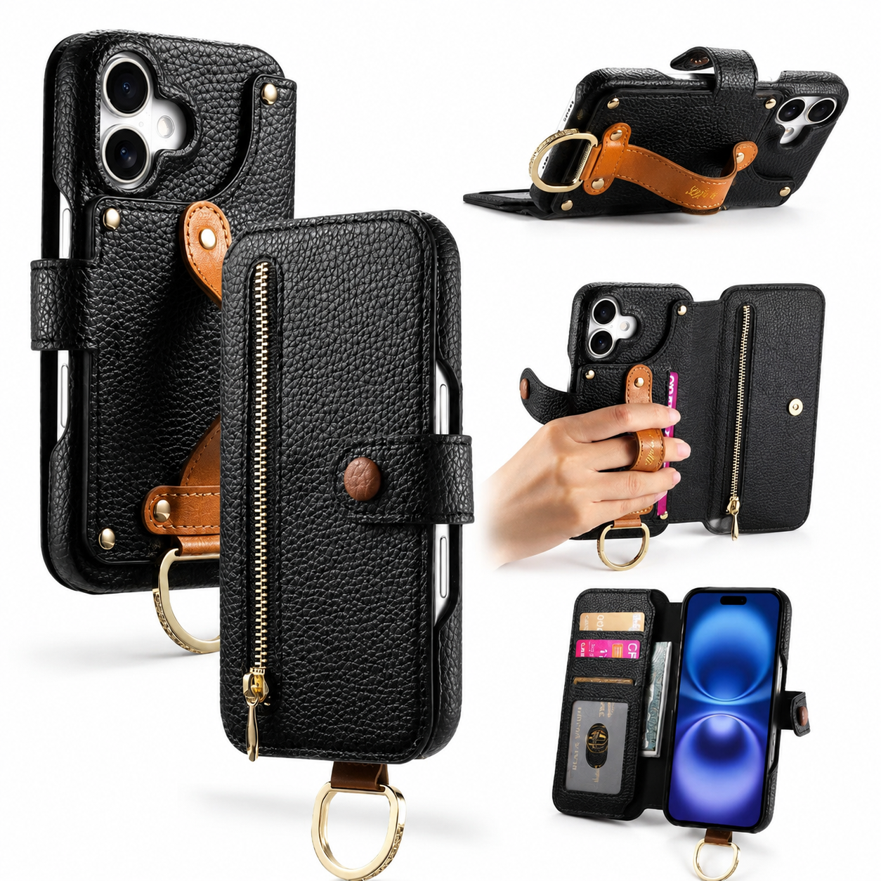 Premium iPhone Case Wallet Flip Leather Cover Card Holder Wrist Strap Ring Kickstand Shockproof Magnetic Closure Full Protection Design
