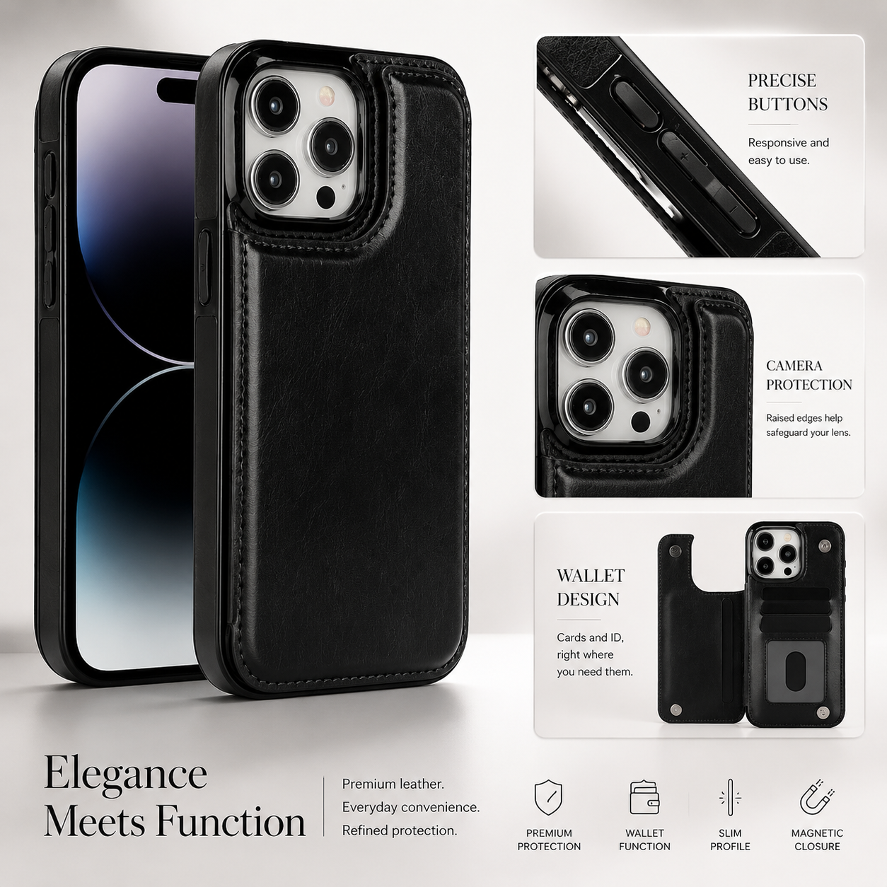 Premium iPhone Case Wallet Flip PU Leather Cover Card Holder Magnetic Closure Shockproof Protective Case Secure Pocket Full Coverage Design