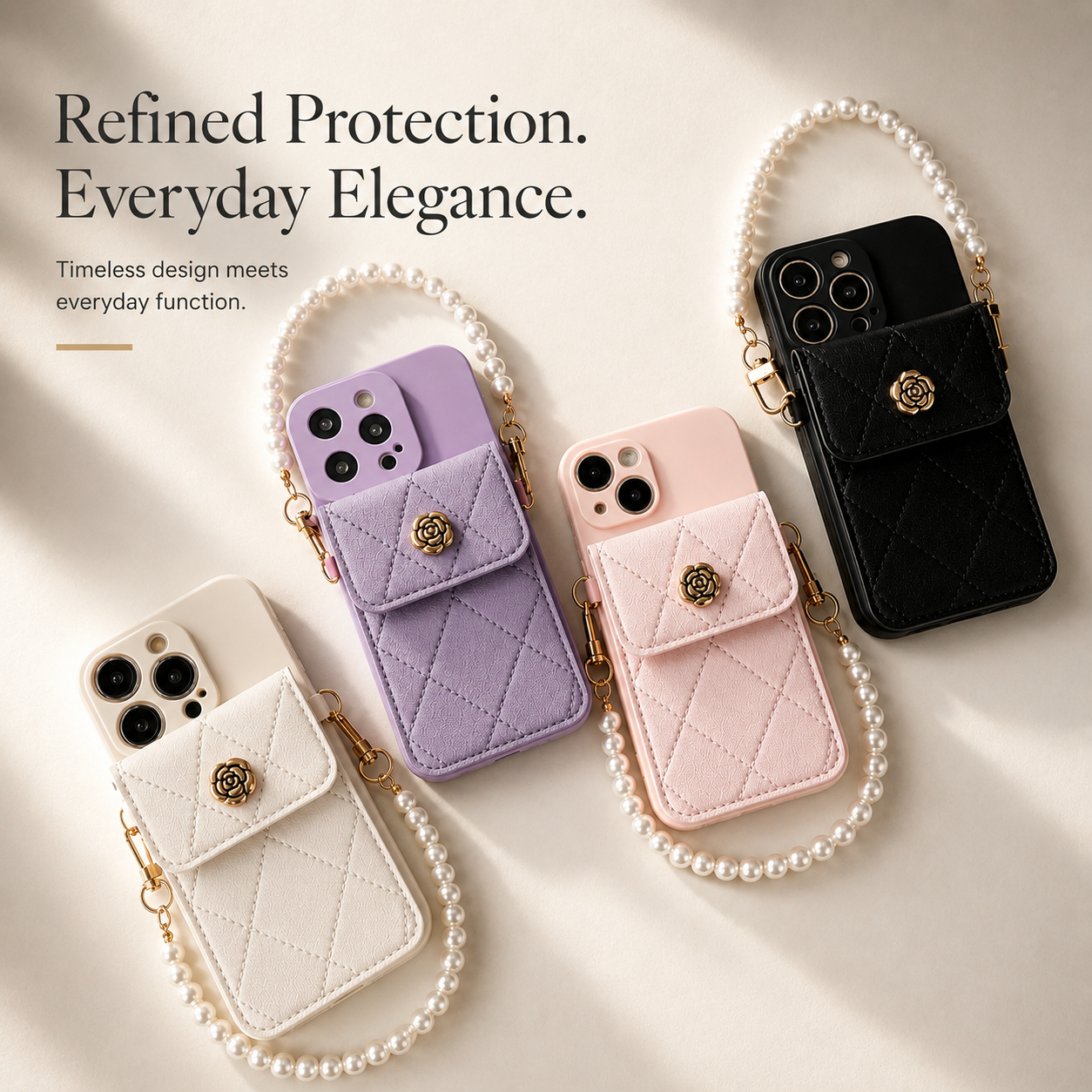 Premium iPhone Case Wallet MagSafe Compatible Crossbody Strap Protective Cover Card Holder Shockproof Pearl Strap Camera Protection Slim Luxury Design