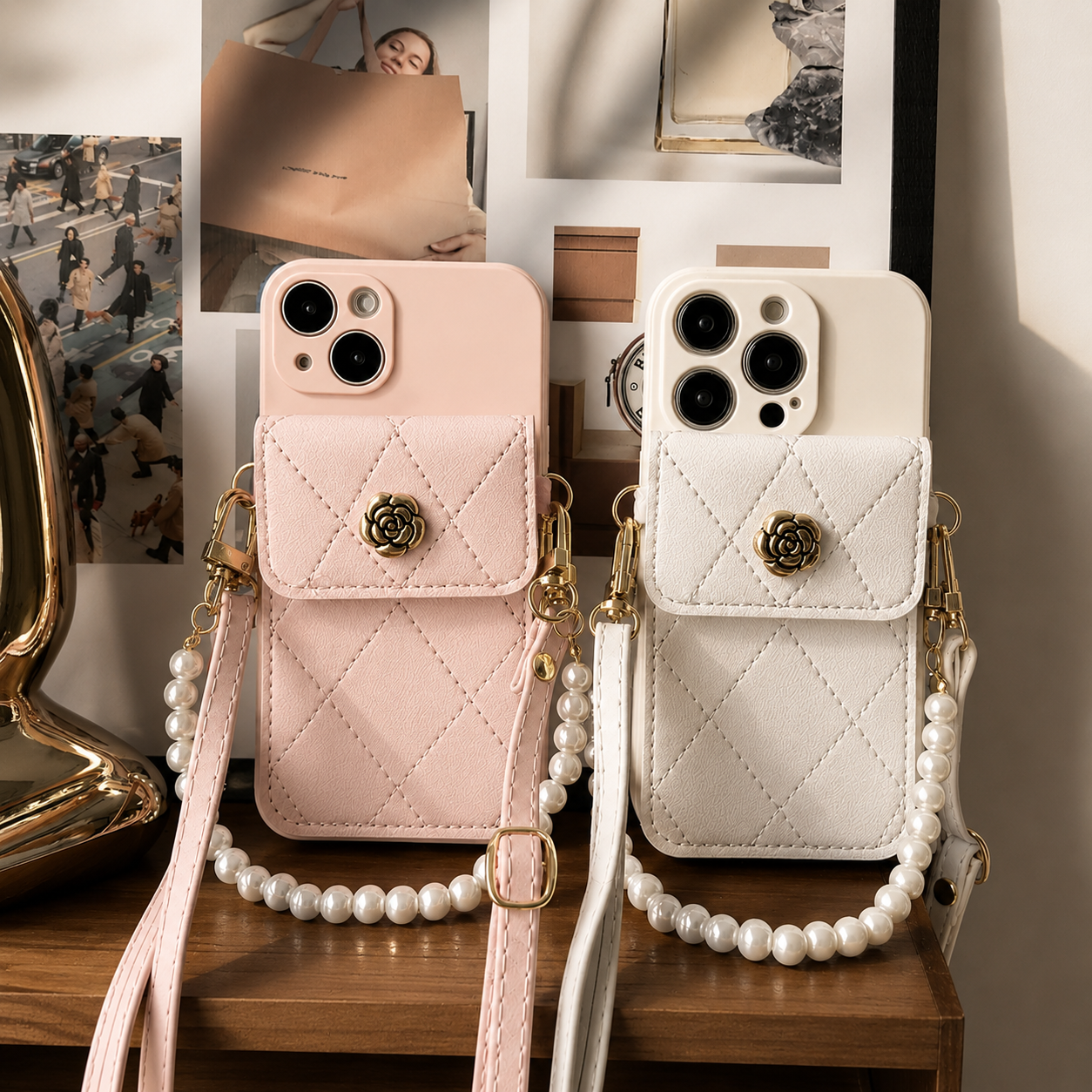 Premium iPhone Case Wallet MagSafe Compatible Crossbody Strap Protective Cover Card Holder Shockproof Pearl Strap Camera Protection Slim Luxury Design
