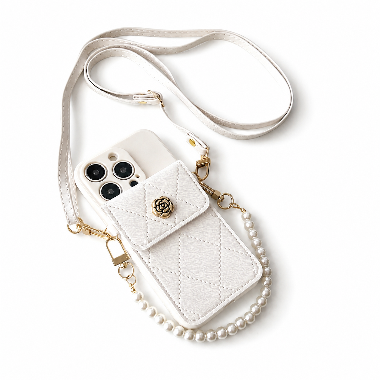 Premium iPhone Case Wallet MagSafe Compatible Crossbody Strap Protective Cover Card Holder Shockproof Pearl Strap Camera Protection Slim Luxury Design