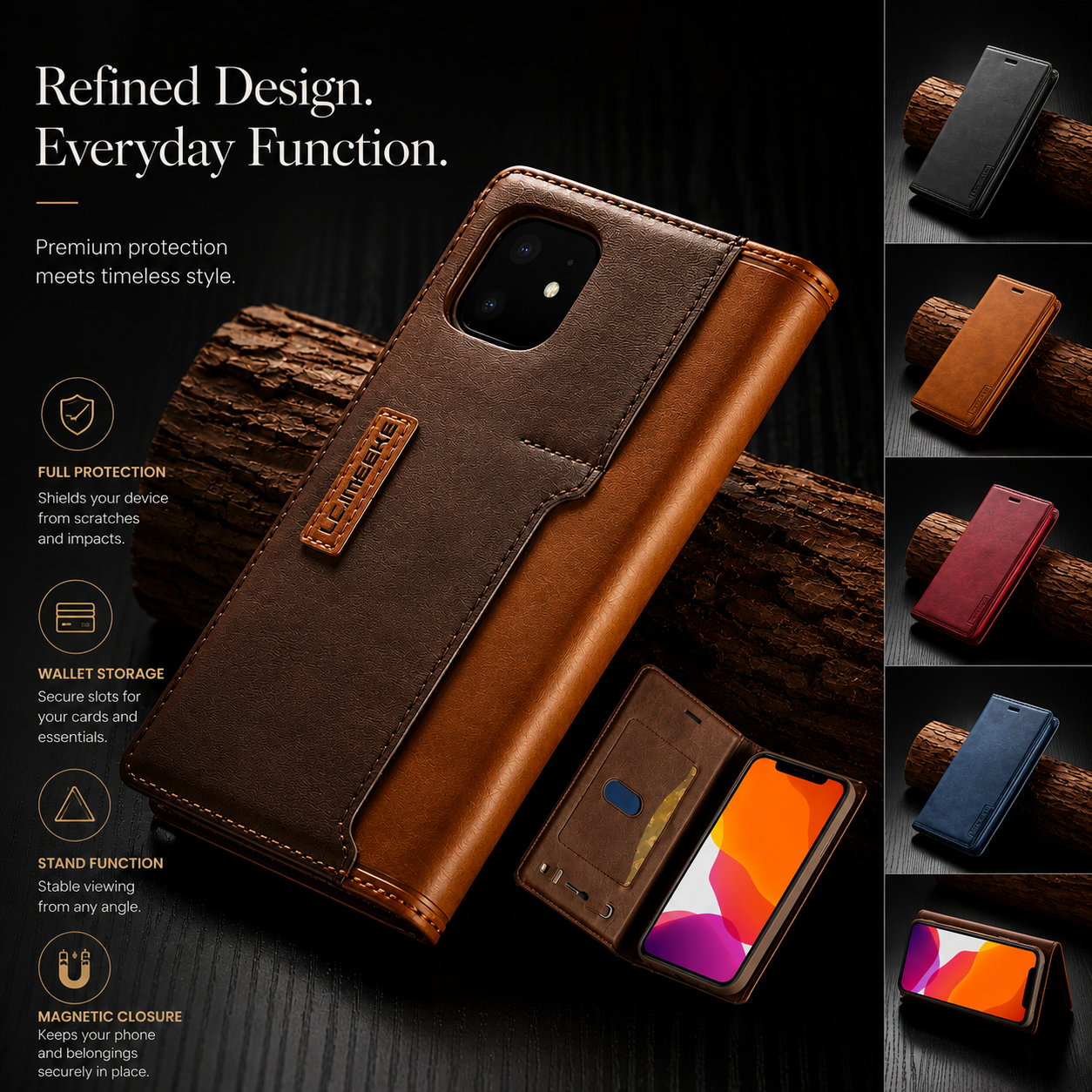 Premium iPhone Case Wallet MagSafe Compatible Leather Flip Cover Card Holder SIM Card Storage Shockproof Protective Full Body Stand Design