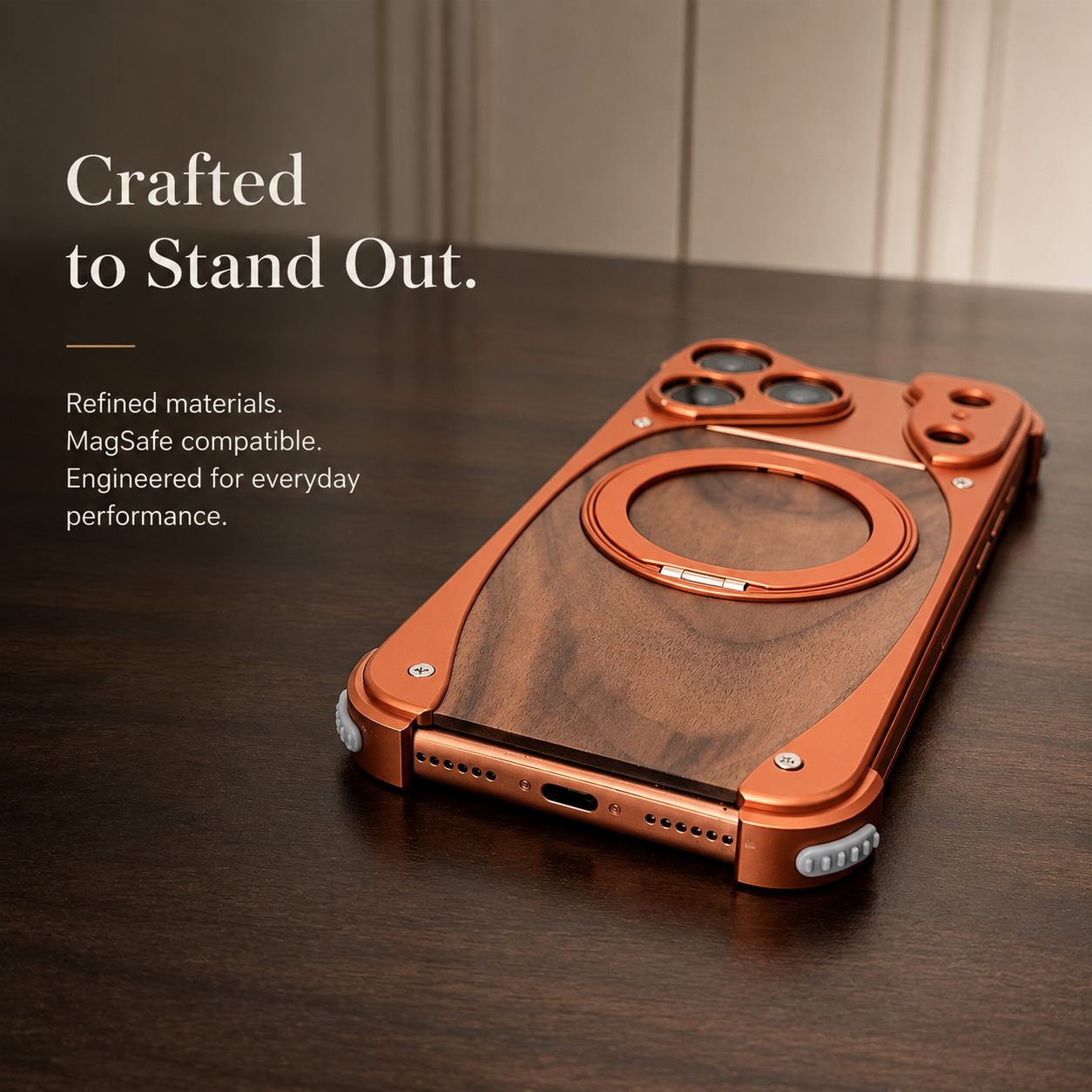Premium iPhone Case Walnut Wood Aluminum Magnetic Protective Cover Shockproof Built-In Stand Wireless Charging Camera Lens Protection Full Coverage